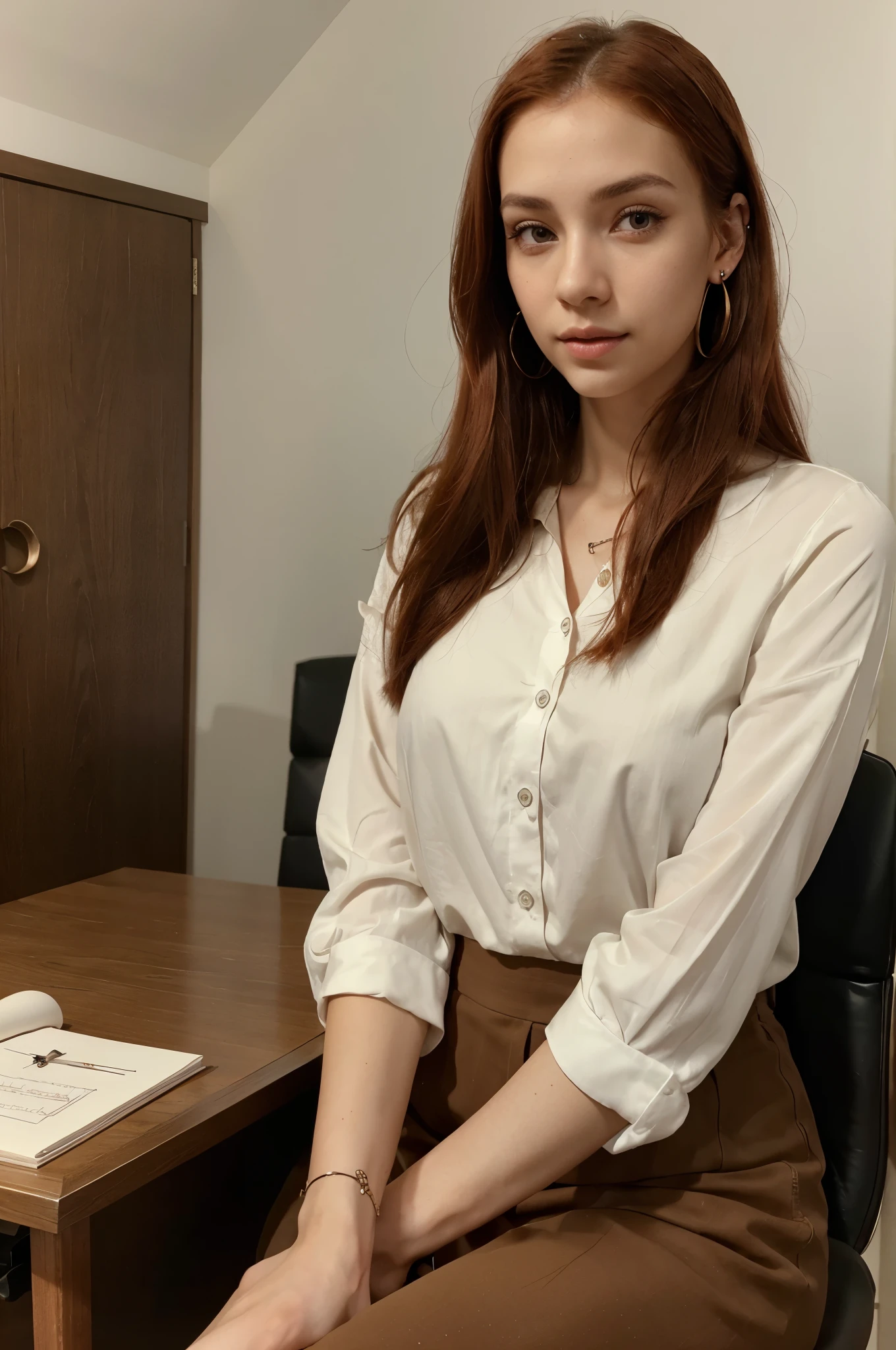 Full-length photo of a 27-year-old editor woman with a very natural face, thin lips, thin eyes, thin eyebrows, thin nose, red hair color and light skin color, earrings and long eyelashes, sitting at the desk, looking towards the violin, full body image, above There are stylish and elegant clothes