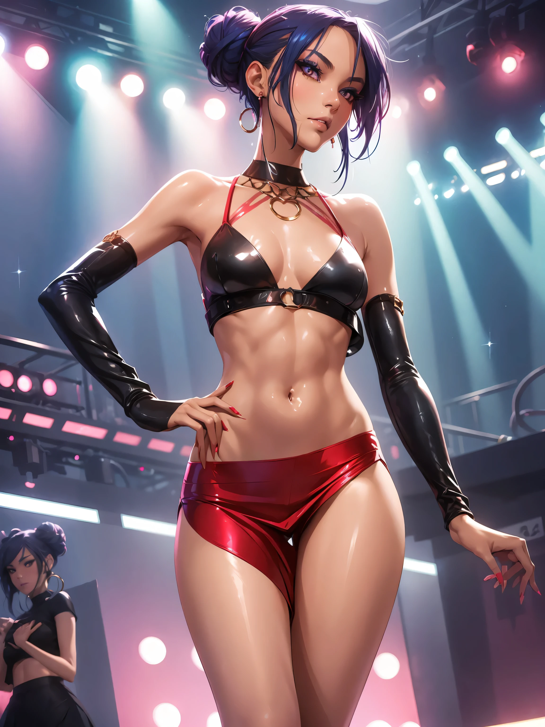 1girl,a beautiful fashion model ,(masterpiece, official art, best quality) (perfect eyes) , short and shiny dark blue hair, black streaks in hair, full lips, cute nose, medium , , elegant makeup, exhibitionism, naked in public, , slim thighs, toned body, shiny skin, sexy pose,,(( (slender, skinny, slim))), gold hoop earrings, eyeshadow, cute face, embarrassed, coy, surprised, blush, glittery skin, girl dancing on stage, skinny thighs, narrow hips, skirt lift, red and silver OUTFIT, slutty top, abs, toned stomach, chloe price, buns hairstyle