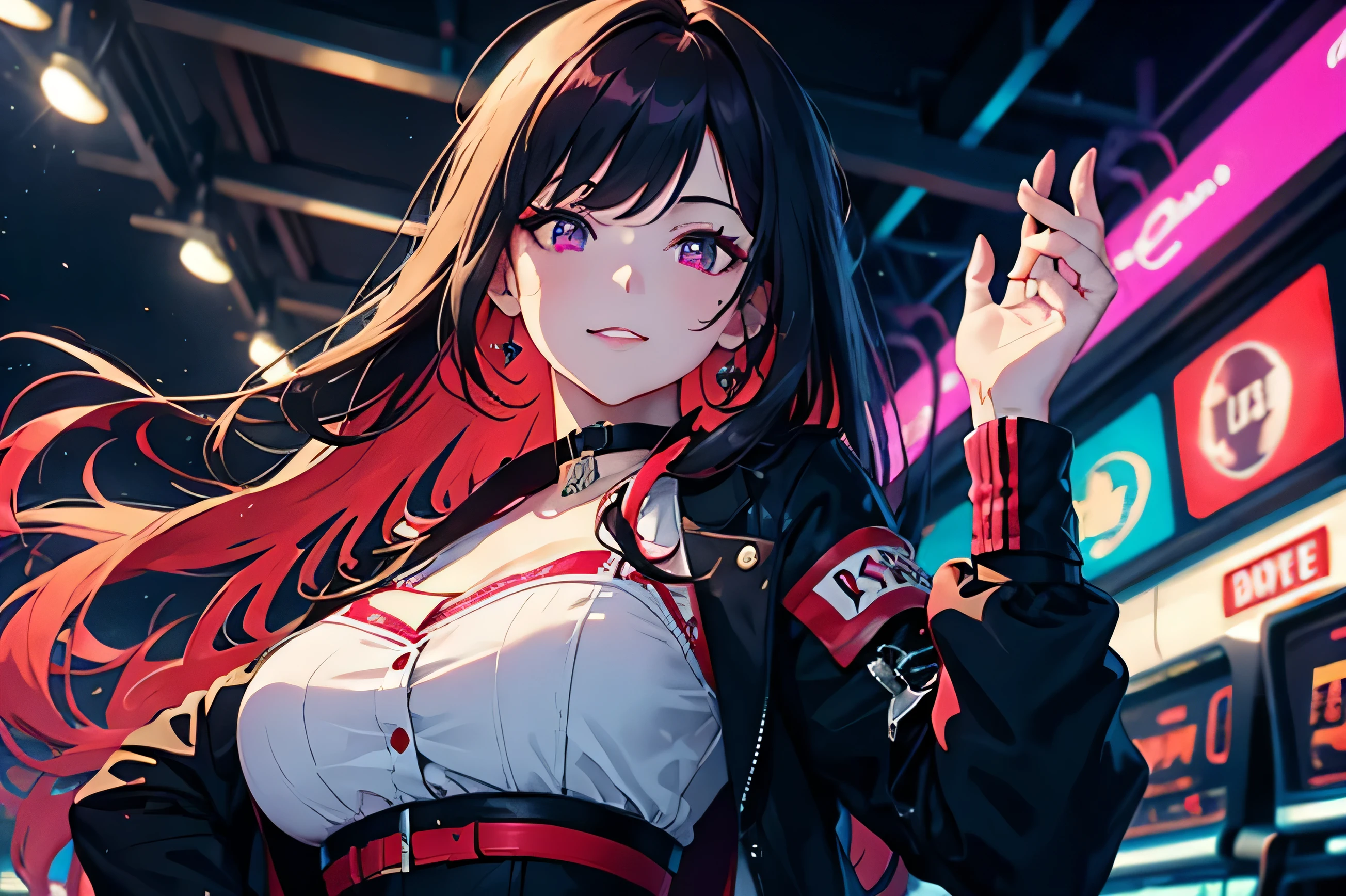 European Women、purple hair、casino　dealer、lipstick、highest quality, intricate details, chromatic aberration, 1 girl, long hair, messy hair, red highlights, hair above one eye, red eyes, clear eyes, choker, Neon Shirt, torn legwear, open jacket, towards the wall, shine, neon light, Black light,smile