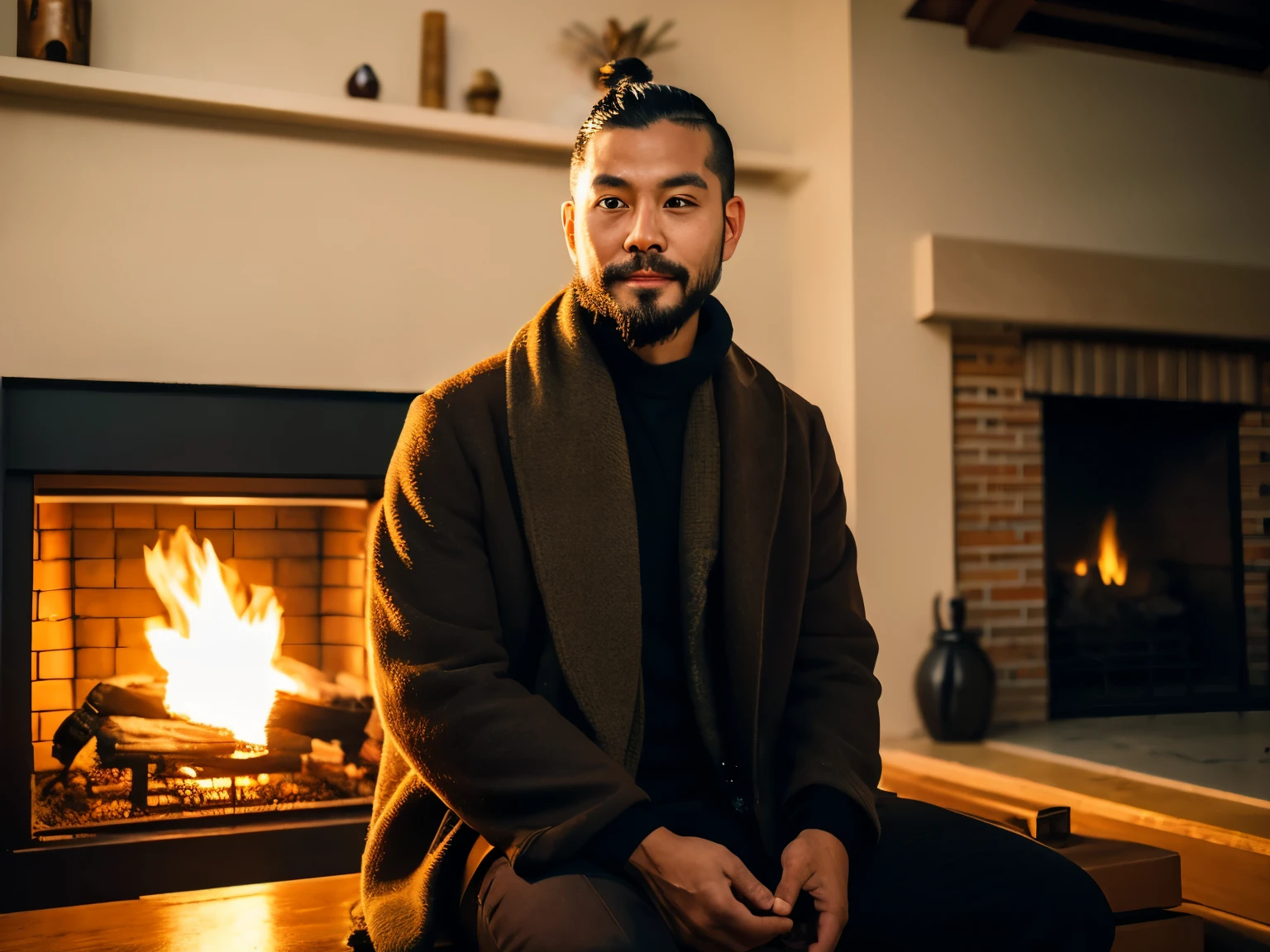 photography, realistic, a 35 year old Indonesian man, long man bun style hair, faint smile, wearing a winter scarf, sitting in front of the fireplace. looks real in the house. lighting from fire. there was a lit cigarette and steaming hot coffee.