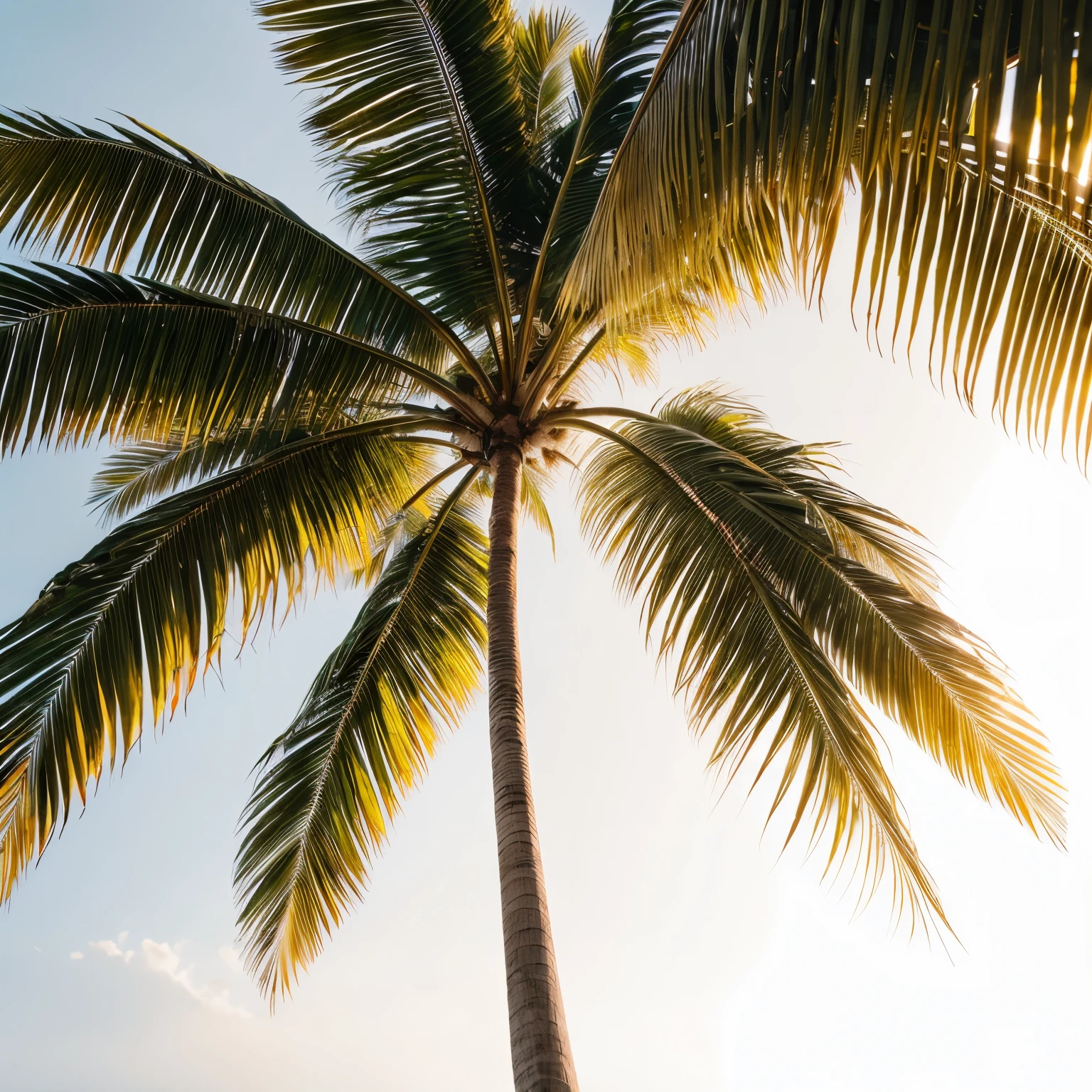 Coconut palm tree leaves professiknal studio photo, isolates on a white background, golden hour light, professional light