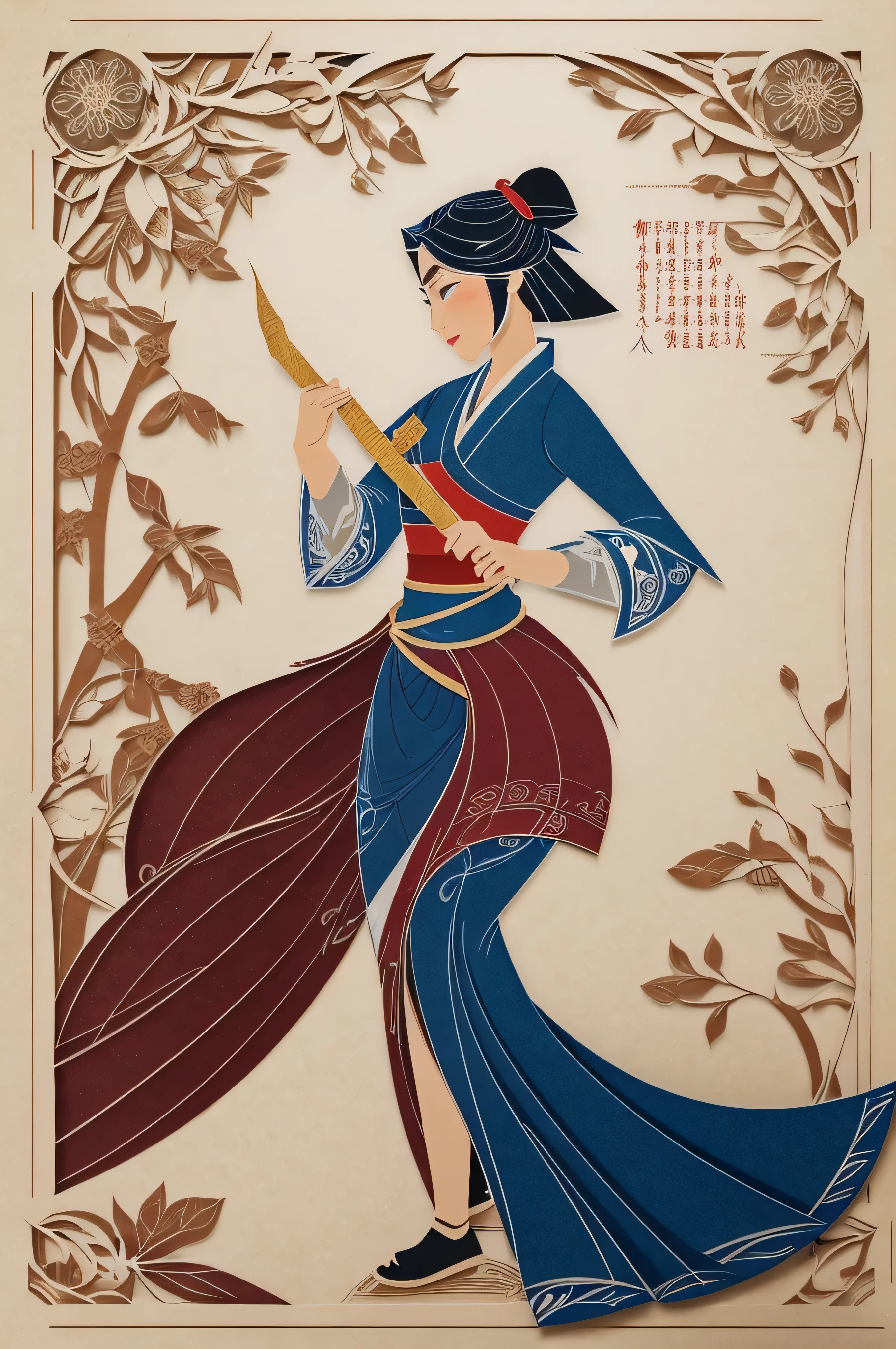 A mesmerizing paper-cut animation of the iconic tale of Mulan comes to life on the screen. Every delicate detail meticulously crafted out of paper unfolds before your eyes, showcasing the determined spirit of Mulan. The intricate paper scenes blend vibrant colors with the ancient art of papercutting, capturing Mulan's courage and determination as she goes against societal expectations to protect her family and honor. This enchanting animation captivates viewers with its exquisite precision and awe-inspiring artistry, immersing them in the compelling story of Mulan's heroic journey. (((Paper cutting art style))), by Skyrn99, high detail, high quality, high resolution, dramatically captivating
