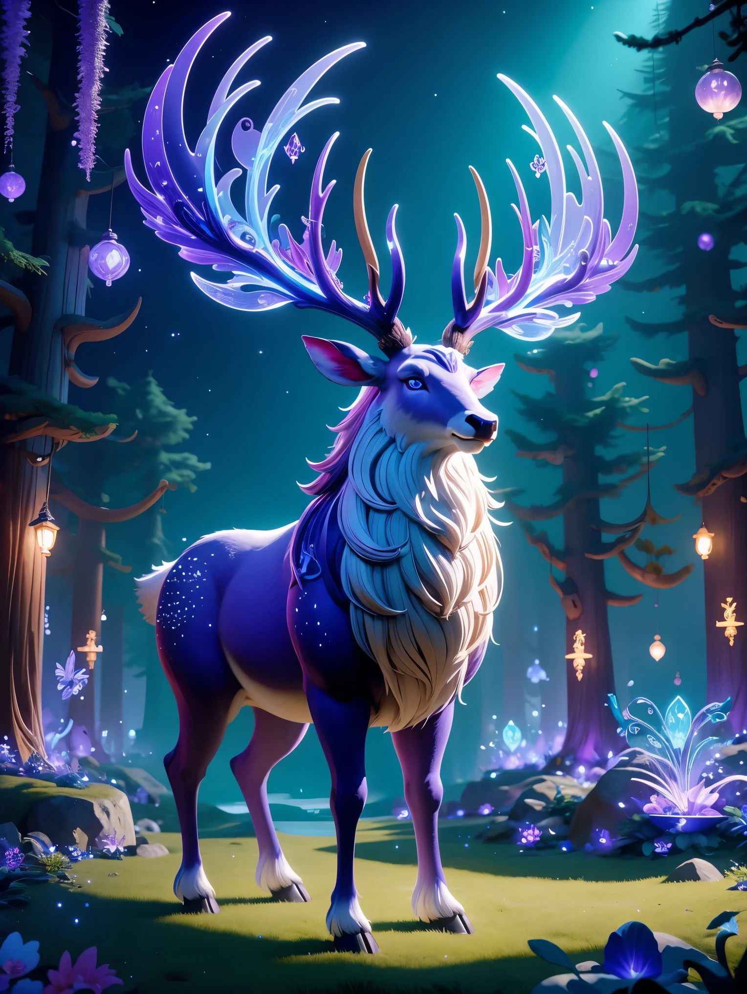 3D cartoon characters，A majestic one、Ethereal big elk，Live in an enchanted enchanted forest。Elk&#39;s body is light cream color，grace、dignified，With an imperial figure。Its huge antlers are intricately shaped，Vibrant purple-blue，Adds to its mysterious appearance。Elk features exquisite details，Such as clearer scaly plating and textured fur。Its eyes are extremely sharp and intelligent。Magical forest environment includes mysterious lights and a variety of magical elements，like floating lights and unusual plants，Create an otherworldly atmosphere around the elk。