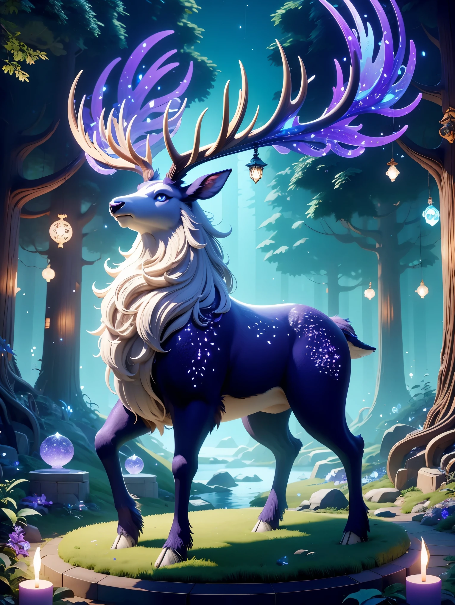 3D cartoon characters，A majestic one、Ethereal big elk，Live in an enchanted enchanted forest。Elk&#39;s body is light cream color，grace、dignified，With an imperial figure。Its huge antlers are intricately shaped，Vibrant purple-blue，Adds to its mysterious appearance。Elk features exquisite details，Such as clearer scaly plating and textured fur。Its eyes are extremely sharp and intelligent。Magical forest environment includes mysterious lights and a variety of magical elements，like floating lights and unusual plants，Create an otherworldly atmosphere around the elk。