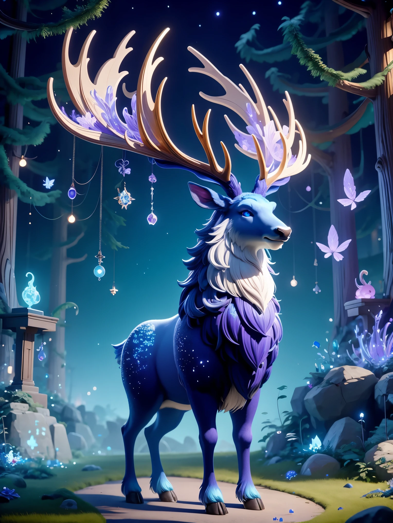3D cartoon characters,A majestic one、Ethereal big elk,Live in an enchanted enchanted forest。Elk's body is light cream color,grace、dignified,With an imperial figure。Its huge antlers are intricately shaped,Vibrant purple-blue,Adds to its mysterious appearance。Elk features exquisite details,Such as clearer scaly plating and textured fur。Its eyes are extremely sharp and intelligent。Magical forest environment includes mysterious lights and a variety of magical elements,like floating lights and unusual plants,Create an otherworldly atmosphere around the elk。