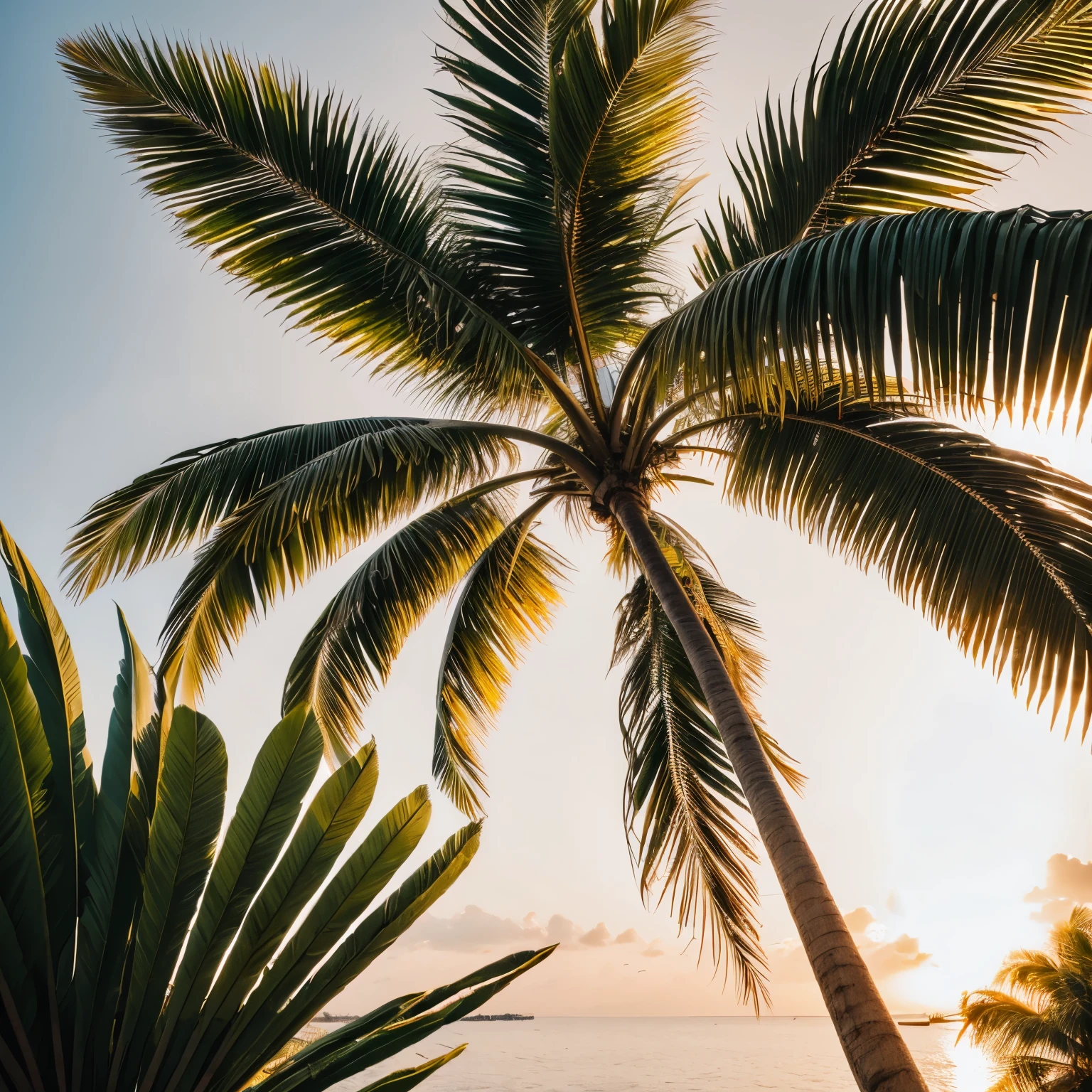 Coconut palm tree leaves professiknal studio photo, isolates on a white background, golden hour light, professional light