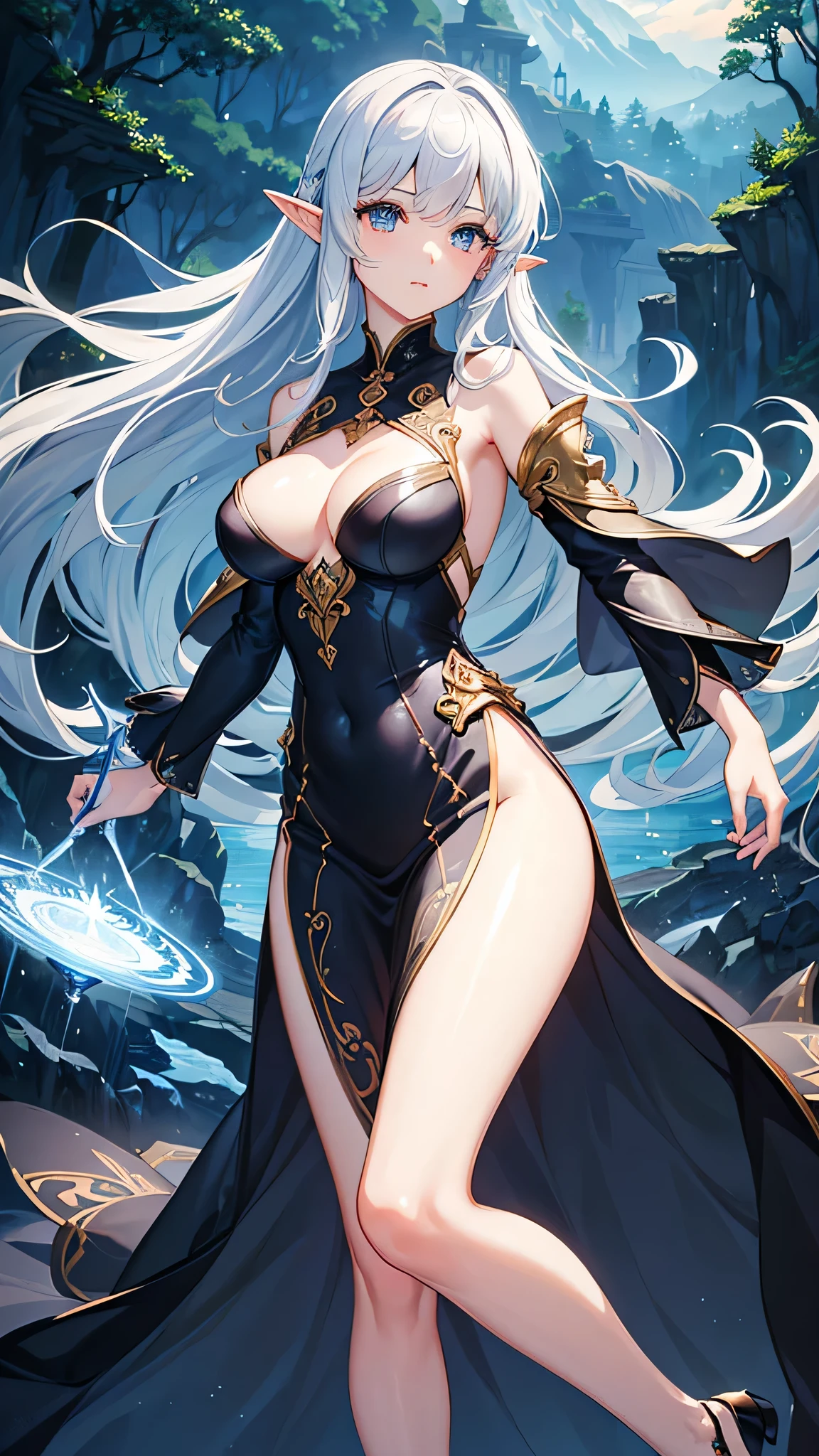 (Close-up:1.4)、(RAW photo:1.2)、(photorealistic:1.4)、(masterpiece:1.3)、(最high quality:1.4)、(Beautiful woman with perfect body:1.4)、solo、7 head and body、(cute face)、(cute:1.2)、(full body shot)、(big breasts:1.3)、(beautiful detailed eyes)、(charming big eyes)、(beautiful double eyelids)、(beautiful and detailed face)、(fantasy、Magic Effects、summoner:1.3)、(Half-Elf:1.2)、(silver hair:1.2)、gorgeous dress、trong wind、See-through、Wet、dark hair、slender、small butt、beautiful feet、skinny legs、Surrealism、cinematic lighting、Depth of bounds written、first person perspective、ticker、muste piece、curate、(perfect anatomy:1.2)、textured skin、super detail、high details、high quality、best quality、High resolution、8K、illumination、