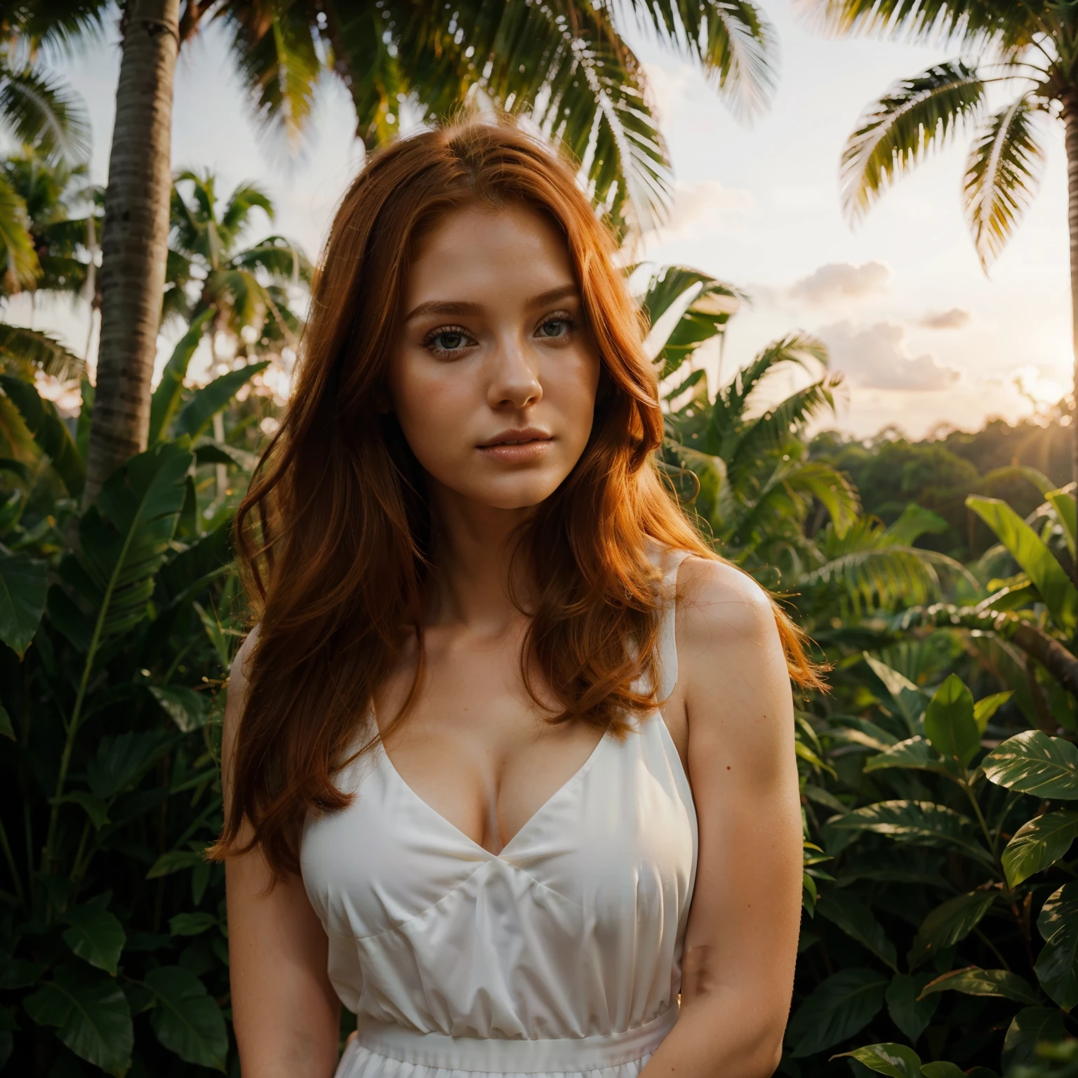 young woman, perfect face, ginger hair, close up shot, very beautiful, summer white dress, standing in tropical forest, sunset, peaceful atmosphere, vibrant, colorful
