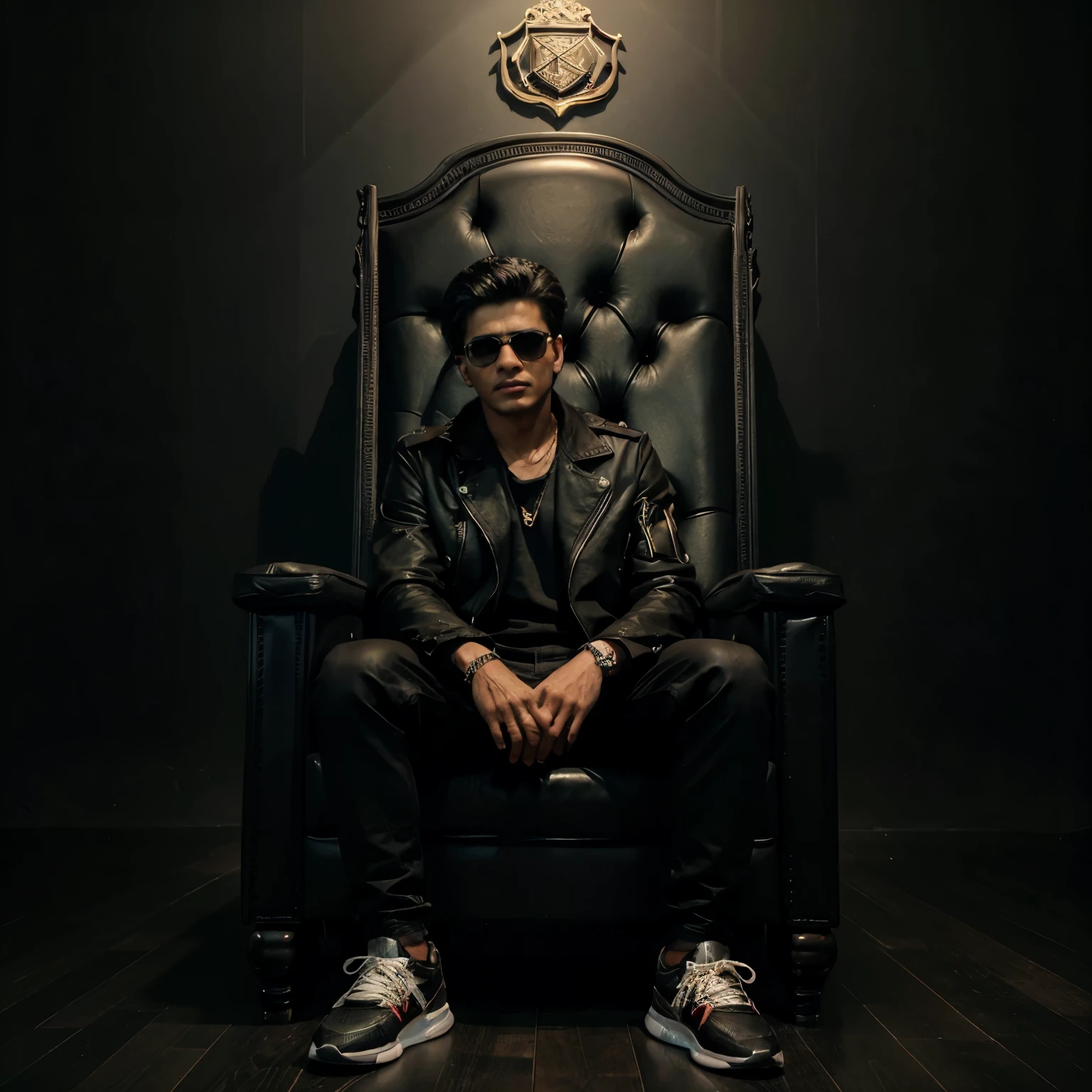 Create a 3D illusion for a profile picture where a 18 Year old attitude boy in a sunglasses black jacket Sitting casually on a black King of Beasts Throne Chair. With a black Cobra on hand. And a ferocious black cobra by my side. Wearing sneakers, he looks ahead. The background features “shahrukh mazhar” in big and capital red neon light fonts on the black wall. There should not be his shadow, and there are wings to make it appear as if he is an angel.