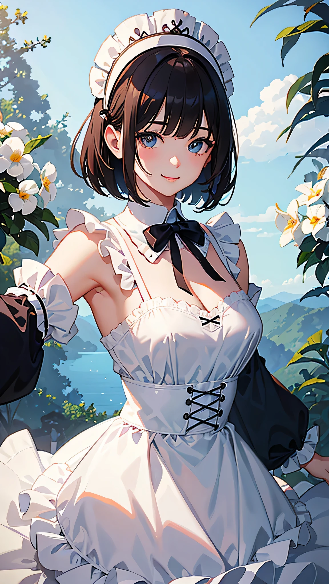 (Close-up:1.4)、(RAW shooting:1.2)、(photorealistic:1.4)、(masterpiece:1.3)、(highest quality:1.4)、solo、7 head and body、(slender and beautiful girl)、cute、(beautiful detailed eyes)、(charming big eyes)、(beautiful double eyelids)、(beautiful and detailed face)、(smile full of joy:1.3)、(Medium chest:1.2)、(cleavage)、(erect nipples:1.2)、(full body shot)、8K、(muste piece:1.2)、(pale blue hair、short bob:1.3)、(Bangs Patsun)、(headdress、white blouse、black ribbon、White Apron、ruffle skirt、puff sleeves、collar、choker、apron with fine ruffles:1.3)、White Knee High Socks、black maid costume、(Sexy model pose with chest sticking out:1.3)、cowboy shot、view audience、(small butt)、(beautiful hands)、(beautiful thighs)、cute系、(perfect anatomy:1.2)、ancient city、