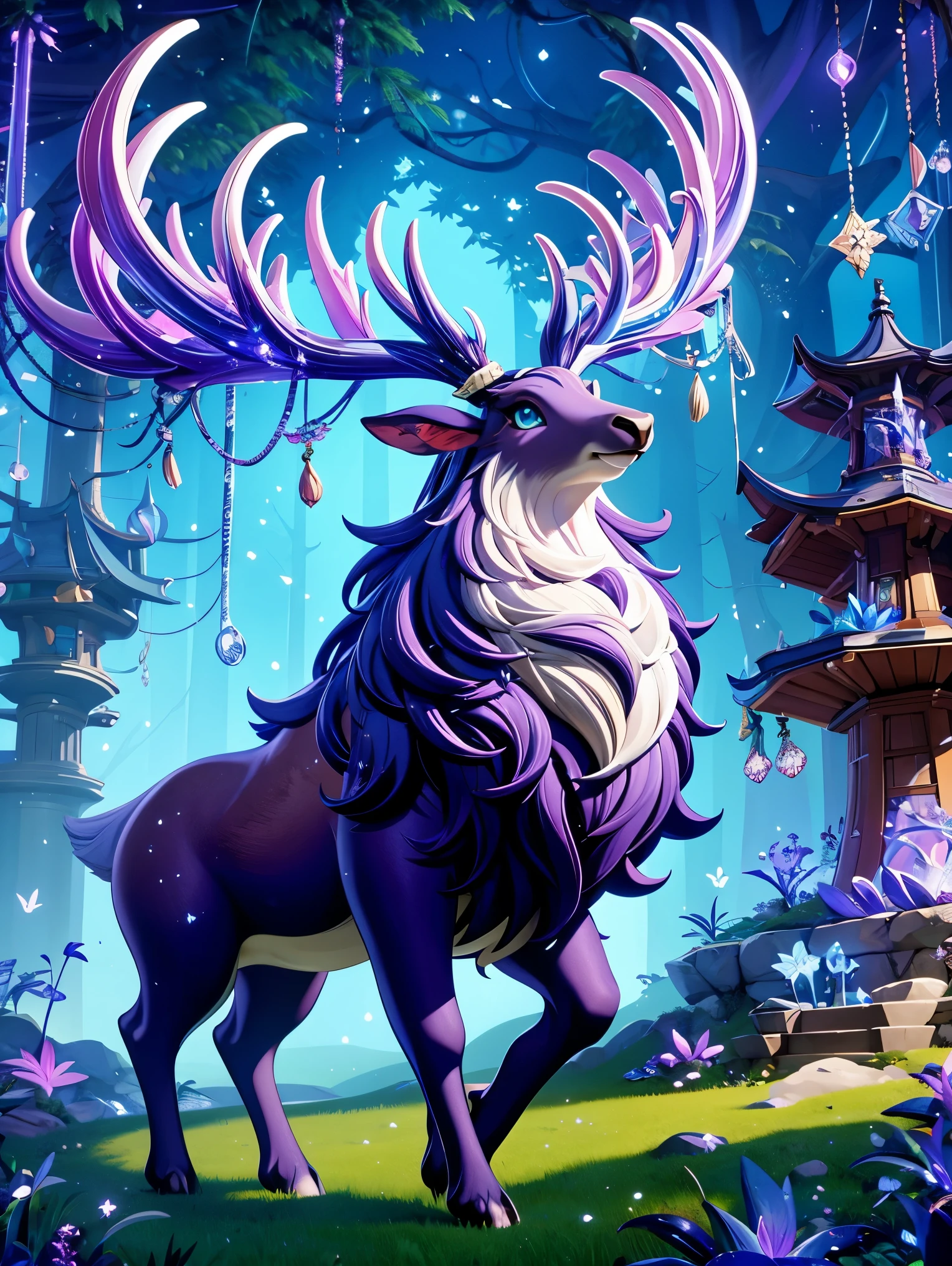 3d cartoon，A cute and ethereal elk，enchanting enchanted forest，Elk&#39;s body is light cream color，grace、dignified，With an imperial figure。Huge antlers with complex shapes，Vibrant purple-blue，Adds to its mysterious appearance。Elk features exquisite details，Such as clearer scaly plating and textured fur。Its eyes are extremely sharp and intelligent。Magical forest environment includes mysterious lights and a variety of magical elements，like floating lights and unusual plants，Create an otherworldly atmosphere around the elk。