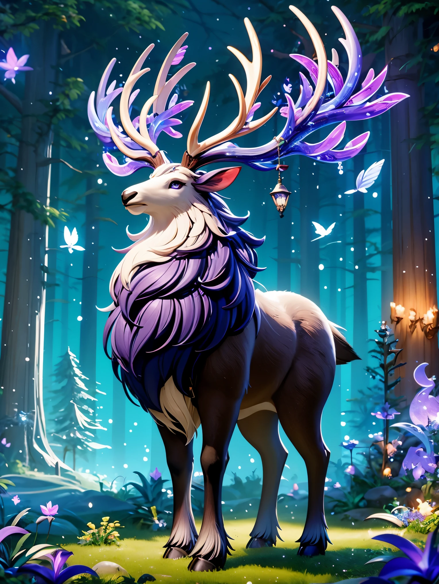 3d,1 Cute and ethereal elk,enchanting enchanted forest,(The whole body is light cream color,Dark purple fur on the back),grace、dignified,With an imperial figure。Huge purple-blue antlers with complex shapes,a magical forest,mysterious lights,Magical elements,Floating lights,unusual plants=