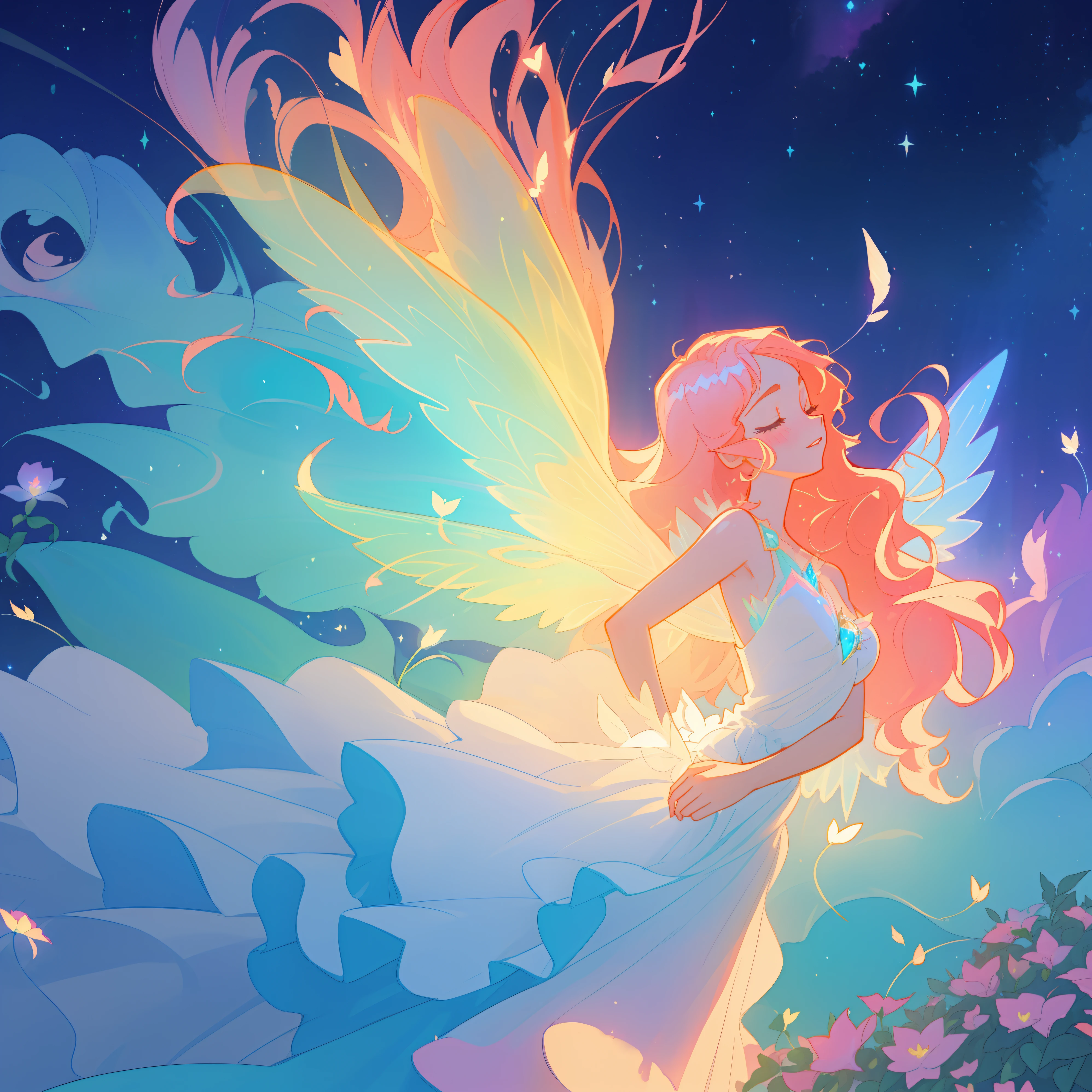 beautiful girl in flowing ballgown dress, (Glowing fairy wings), Glowing ball gown, Long curly hair, 闪闪Glowing fairy wings, watercolor illustration, Flowers and colorful plants, inspired Glenn Keane, inspired author：Louis van Baarle, disney artstyle, author：Louis van Baarle, A glowing halo surrounds her, Glenn Keane, Just a joke, Luminous lamp! digital painting, flowing glowing hair, Glowing and flowing hair, beautiful digital illustration, Fantasia otherworldly landscape plants flowers, beautiful, masterpiece, best quality, Anime Disney style