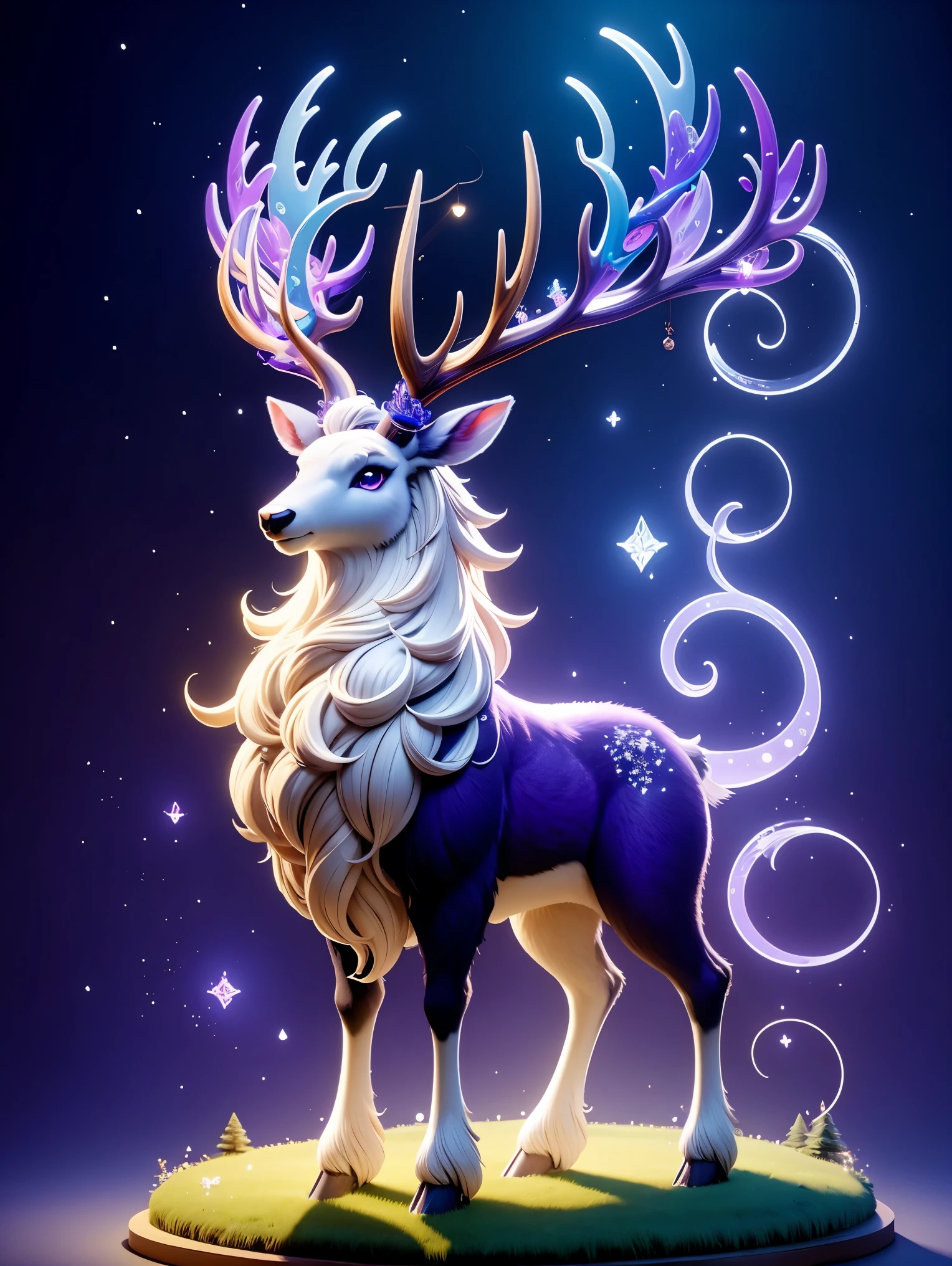 Cute and ethereal big elk，3D C4D rendering，Cartoon，Purple antlers，enchanted forest，light cream body，(There is a strip of dark purple fur from the top of the head to the back)，Mysterious lights，Magic elements