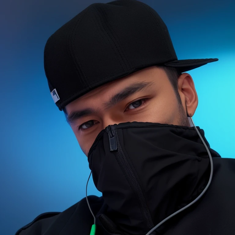 There is a man wearing a black hat and a black jacket, wearing an all-black mempo mask, with a rap cap on his head, wearing urban technological clothing, viseira escura cobrindo o rosto, viseira escura cobrindo a parte superior do rosto, wearing japanese technological clothing, technological clothing fashion, profile picture with headshot, foto de perfil, com fones de ouvido, technological clothing, frio, wearing bandit mask, rosto coberto