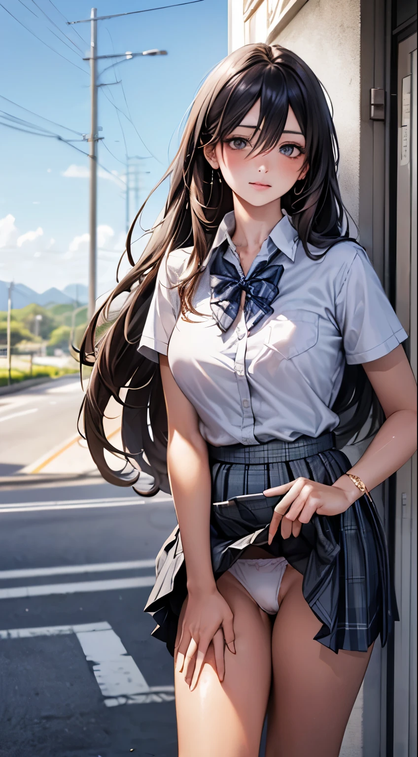 (masterpiece:1.2, highest quality), (realistic, photorealistic:1.4), beautiful illustrations, 
looking at the viewer, whole body, Front view:0.6, 
1 gal, Japanese, high School girl, (long hair:1.5), blown hair, (half up, half updo), bangs, hair between eyes, big breasts:0.8, 
beautiful hair, beautiful face, beautiful and fine eyes, beautiful clavicle, beautiful body, 美しいbig breasts, beautiful thighs, beautiful feet, beautiful fingers, 
(beautiful scenery), , School,
((Short sleeve shirt with collar, white shirt, School uniform, Grey plaid pleated skirt, Blue plaid bow tie)), white panties, 
(Are standing, , lift the skirt, Grab the hem of the skirt, put your hand on your chest, hand between legs), 
blush, ,