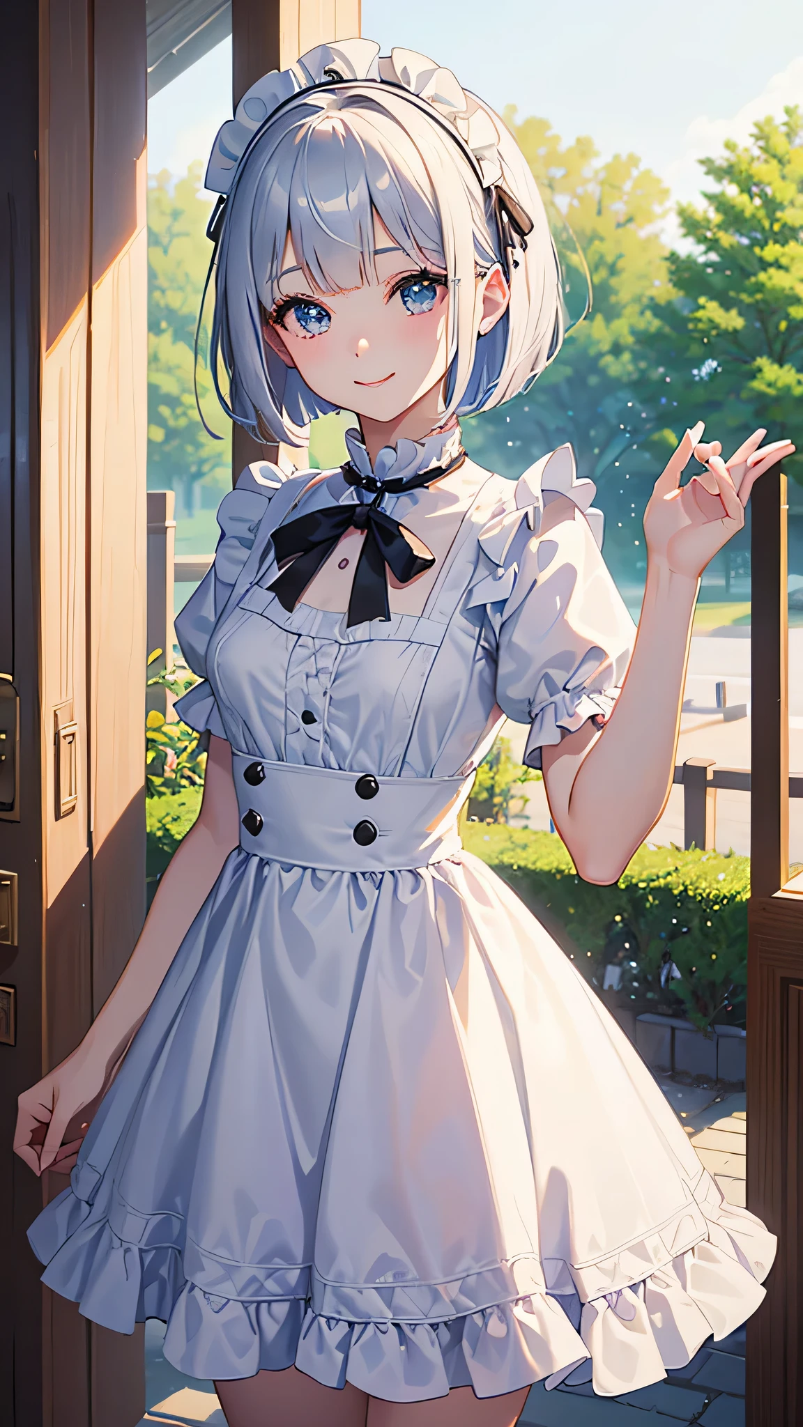 (Close-up:1.4)、(RAW shooting:1.2)、(photorealistic:1.4)、(masterpiece:1.3)、(highest quality:1.4)、solo、7 head and body、(slender and beautiful girl)、cute、(beautiful detailed eyes)、(charming big eyes)、(beautiful double eyelids)、(beautiful and detailed face)、(smile full of joy:1.3)、(Medium chest:1.2)、(cleavage)、(erect nipples:1.2)、(full body shot)、8K、(muste piece:1.2)、(pale blue hair、short bob:1.3)、(Bangs Patsun)、(headdress、white blouse、black ribbon、White Apron、ruffle skirt、puff sleeves、collar、choker、apron with fine ruffles:1.3)、White Knee High Socks、black maid costume、(Sexy model pose with chest sticking out:1.3)、cowboy shot、view audience、(small butt)、(beautiful hands)、(beautiful thighs)、cute系、(perfect anatomy:1.2)、ancient city、