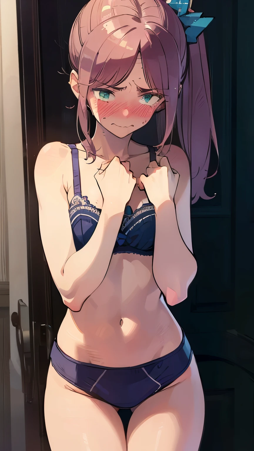 ((best quality)), ((masterpiece)), (detailed), perfect face, 18yo teen girl, bra, panties, ((embarrassed:1.5)), ((blushing: 1.2)), skinny waist, skinny thighs, ponytail