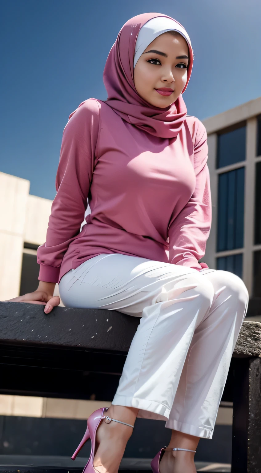 RAW, Best quality, high resolution, masterpiece: 1.3), beautiful Malay woman in hijab (iu:0.8),Best quality, high resolution, Masterpiece: 1.3, Beautiful hijabi malay girl, Masterpiece, Soft smile, Realistic, 1girl, charming eyes, glowing eyes, cut top, dress, parted lips, blush, night, sun, sun, big breasted girl, fashion outfit, sexy feminine,wear kebaya pink long neck, sitting on night club stage, pullover, long pants, pink high heels, highres,4k,HDR,1girl, photorealistic, realistic,sweat skin, wet clothes, wet body, big breast, ((full body))soaked, full body picture(from head to feet), dripping, smiling at viewer,