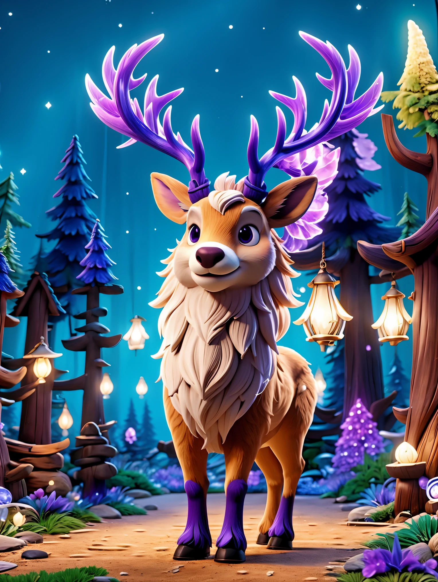 Cute and ethereal big elk,3D C4D rendering,Cartoon,Purple antlers,enchanted forest,light cream body,(There is a strip of dark purple fur from the top of the head to the back),Mysterious lights,Magic elements