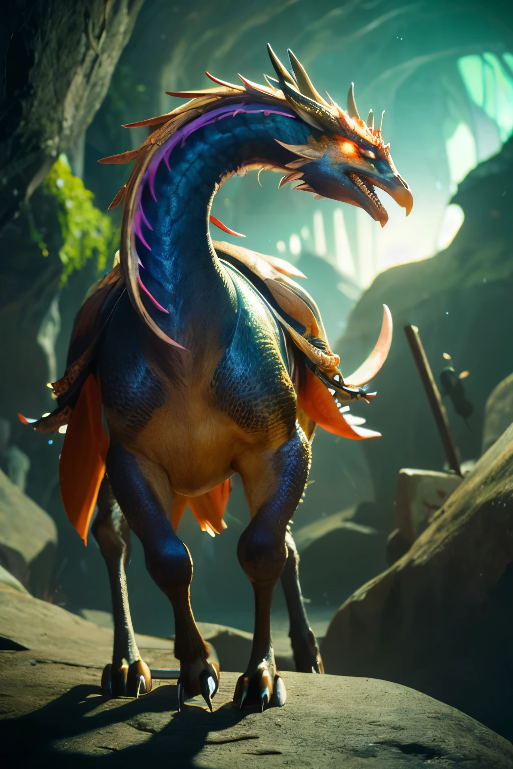(highest quality,master piece, Complex,hyper detail,1.4x realism,RAW photo,8K UHD,ultra high resolution,Photorealistic style,Cinematic scenes, sharp focus,dramatic lighting,extremely detailed CG unity wallpaper,full body photo) ,The blue dragon looks like a long snake,Giraffe Head,carp tail,he has long beards on his face,horns resemble deer,has 5 legs,looks powerful,green dragon in big yellow cave well,Blue Chinese Dragon,dream magic、Utopian