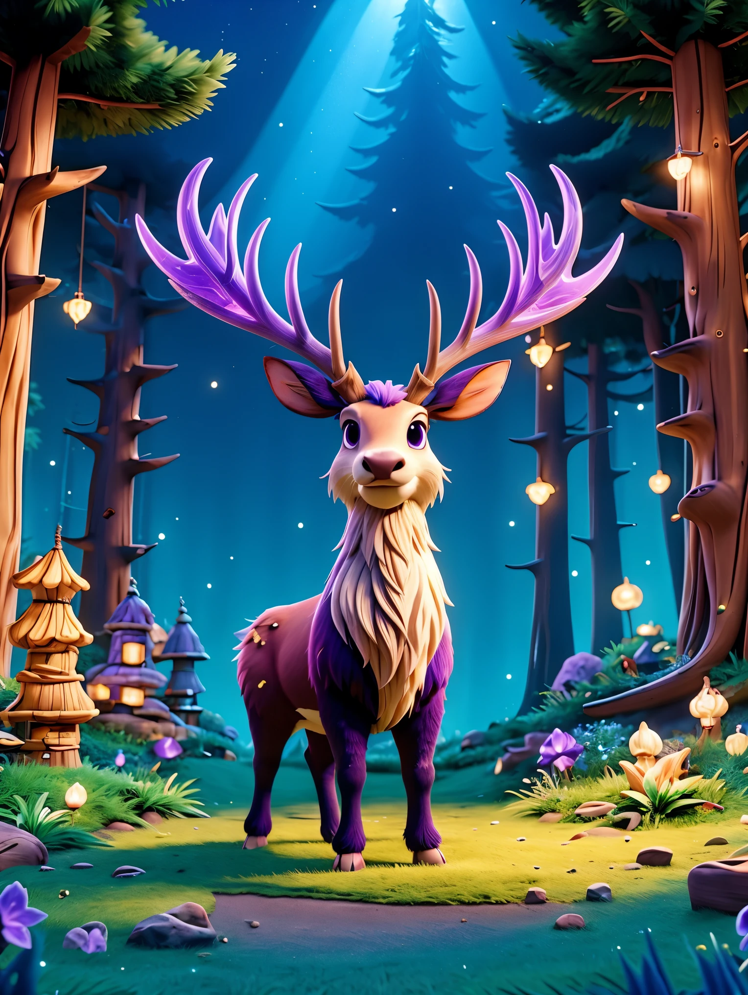 Cute and ethereal big elk，3D C4D rendering，Cartoon，Purple antlers，enchanted forest，light cream body，(There is a strip of dark purple fur from the top of the head to the back)，Mysterious lights，Magic elements