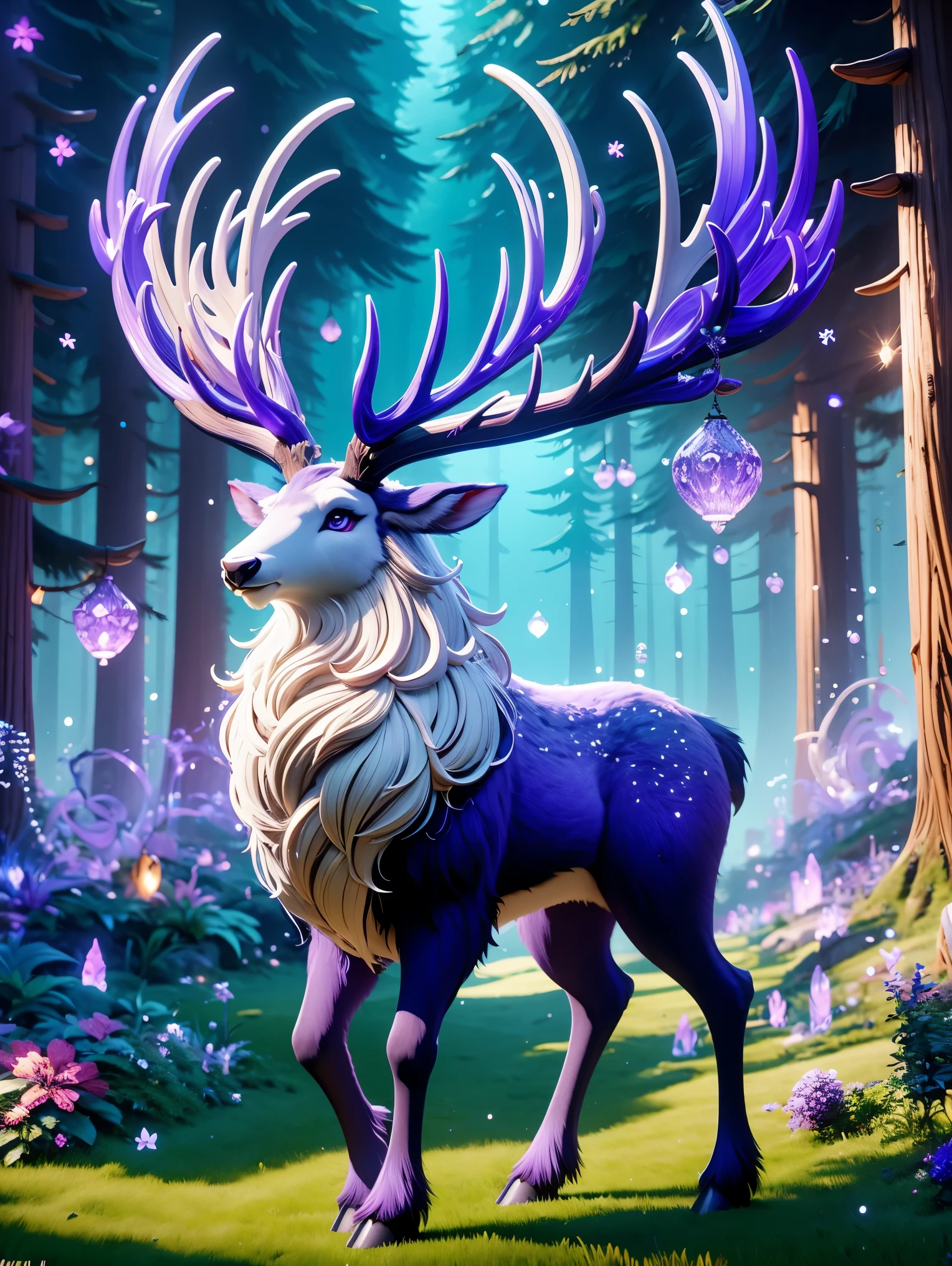 Cute and ethereal big elk，3D C4D rendering，Cartoon，Purple antlers，enchanted forest，light cream body，(There is a strip of dark purple fur from the top of the head to the back)，Mysterious lights，Magic elements