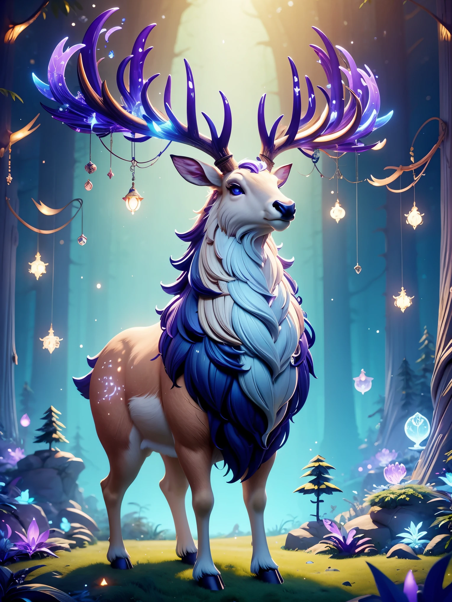 3d cartoon，A cute and ethereal elk，enchanting enchanted forest，Elk&#39;s body is light cream color，grace、dignified，With an imperial figure。Huge antlers with complex shapes，Vibrant purple-blue，Adds to its mysterious appearance。Elk features exquisite details，Such as clearer scaly plating and textured fur。Its eyes are extremely sharp and intelligent。Magical forest environment includes mysterious lights and a variety of magical elements，like floating lights and unusual plants，Create an otherworldly atmosphere around the elk。