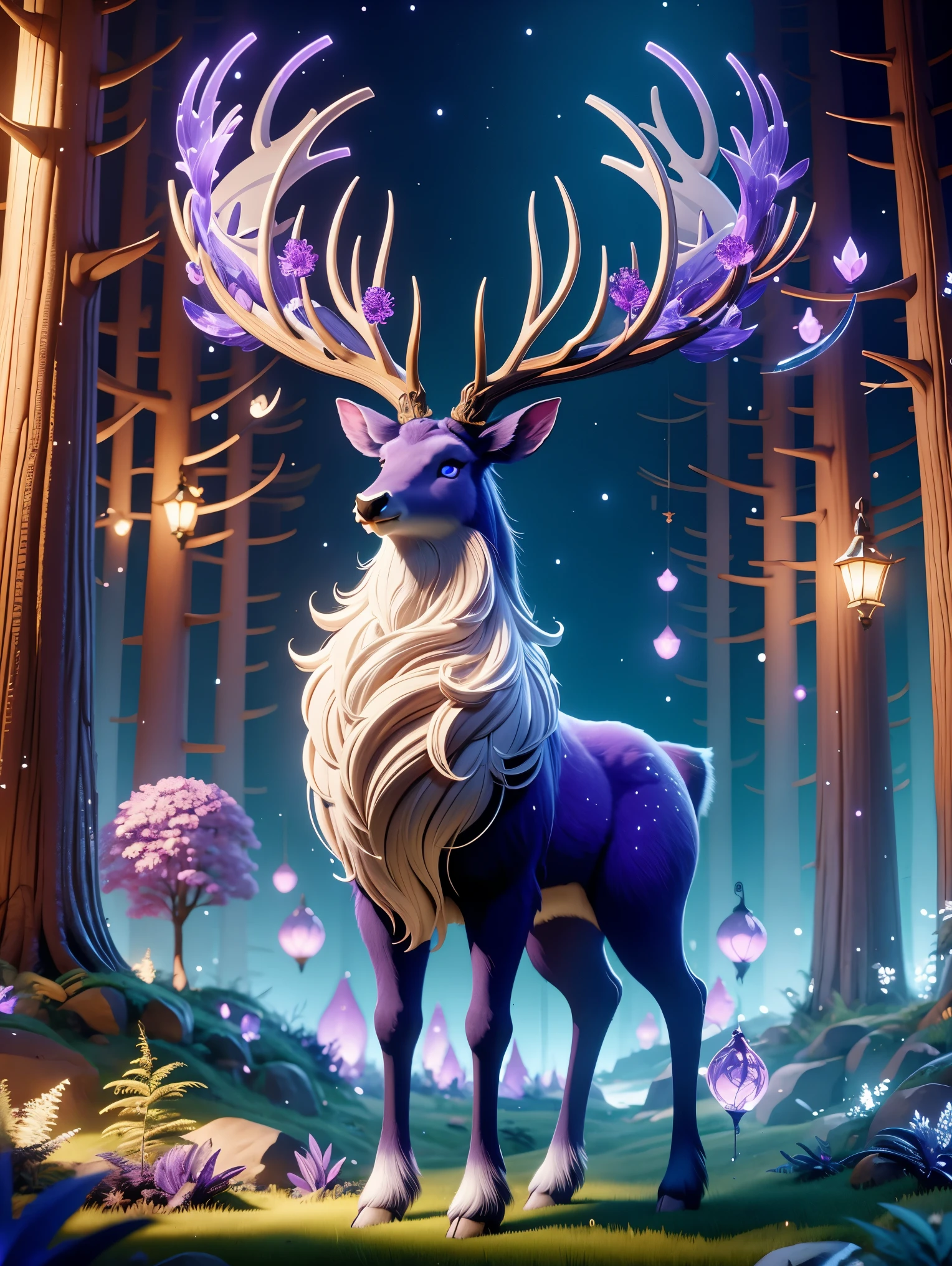 Cute and ethereal elk，3D C4D rendering，Cartoon，Purple antlers，enchanted forest，light cream body，(There is a strip of dark purple fur from the top of the head to the back.)，Mysterious lights，Magic elements