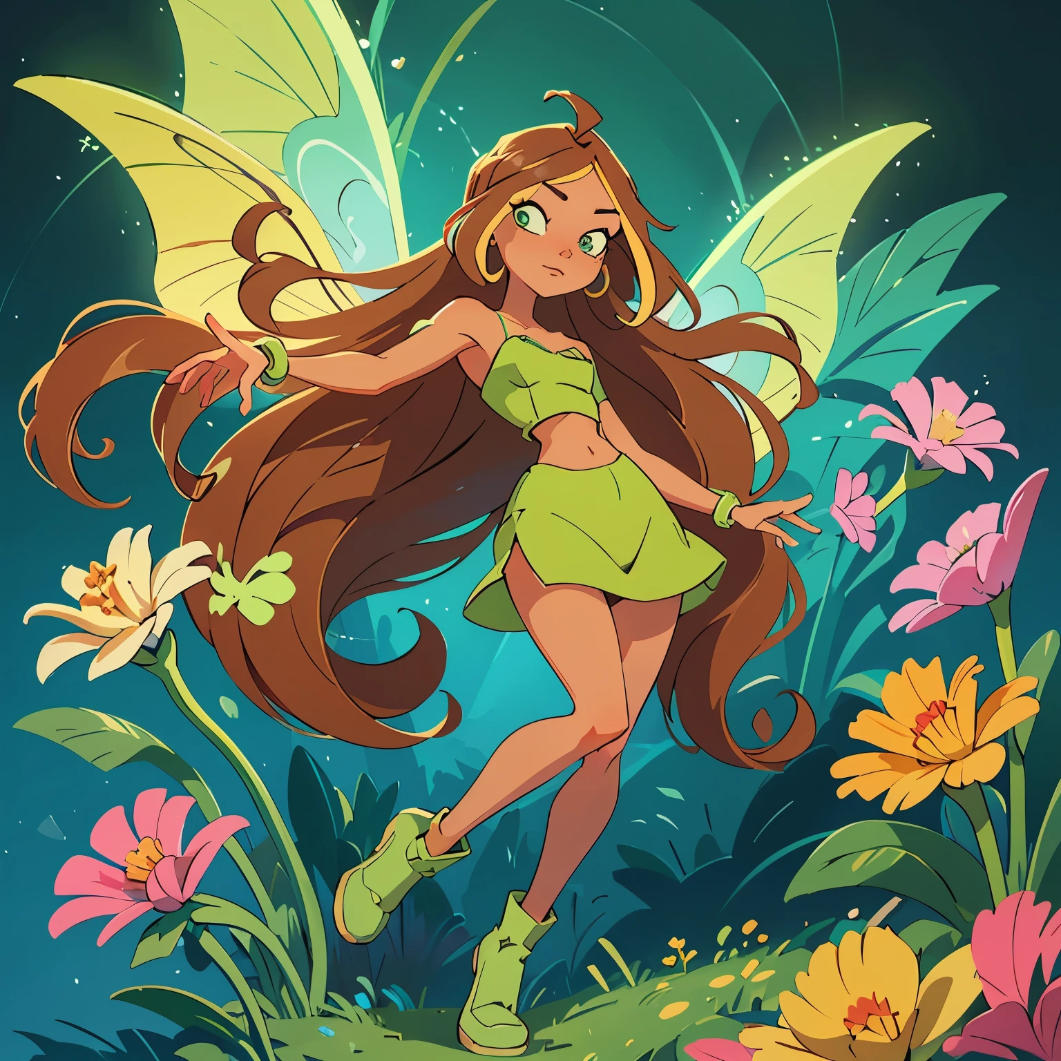 Flora from Winx, good fusion, excellent character design, masterpiece, 4k, perfect anatomy, perfect face, perfect eyes, 1girl, solo, full body, Flora, extremely long hair, green eyes, ethereal, pretty, bioluminescent background, pixel art. Pretty girl with tender eyes and lovely face, sweet