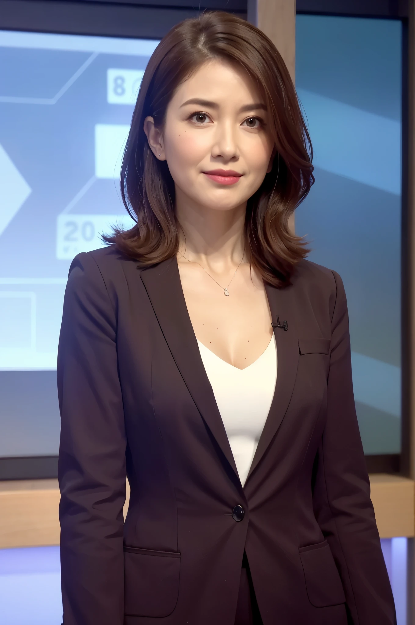best quality, In 8K, Masseter muscle part, lively, sharp focus, high quality, High resolution, detailed face, detailed eye, thick lips, (look at the audience), solo, Beautiful woman, 25 years old, plum, beautifully styled hair, cleavage, brightly colored business suits, Office Background,No facial wrinkles,No pin microphone
