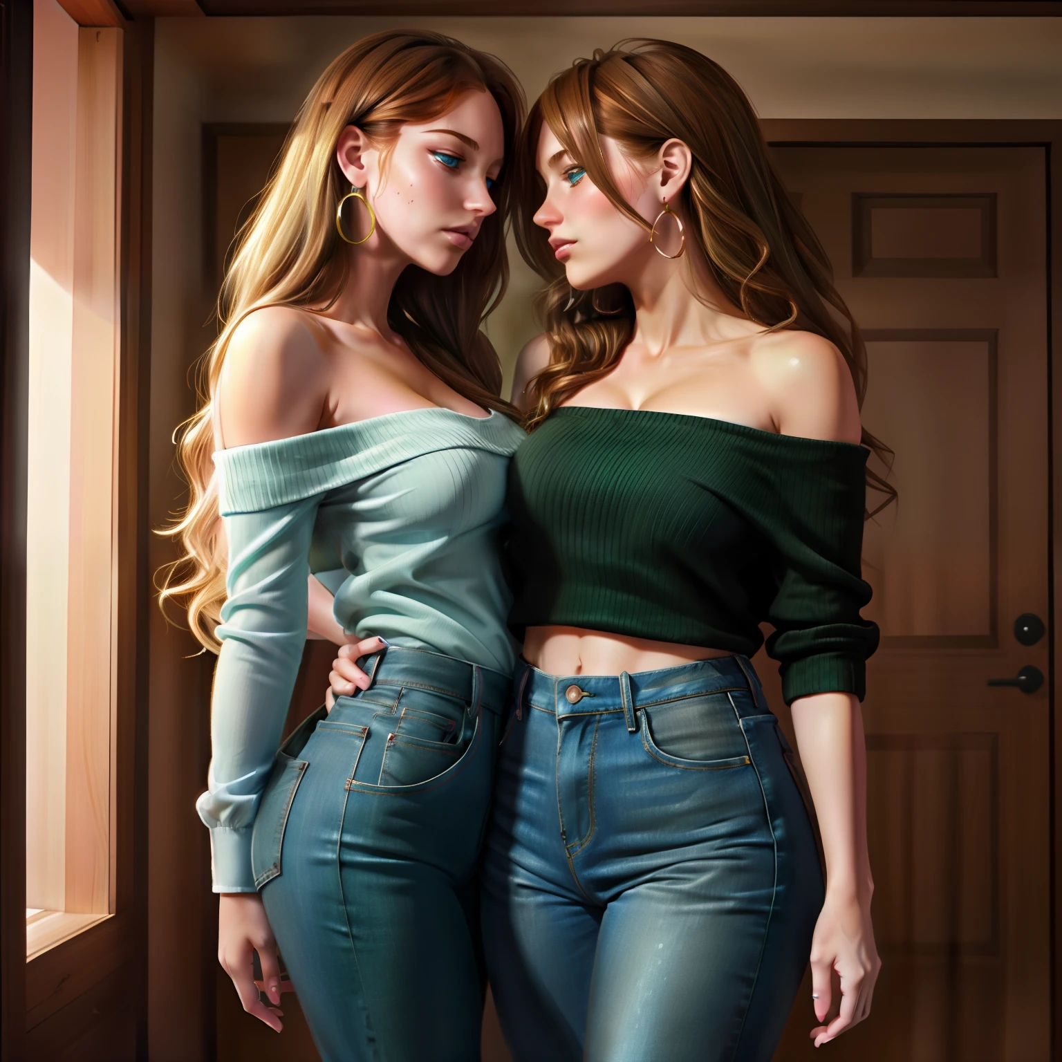 2girls, girl1: big breasts,cute,beautiful detailed eyes,shiny hair,visible through hair,hairs between eyes, brown hair,blue eyes, long hair, thick, soft smile, jeans, blue shirt, girl2: blonde hair, curly hair, medium hair, green eyes, flower earrings, pink nails, thick thighs, small breasts, big hips, pink off shoulder sweater, black skirt, kissing, kiss