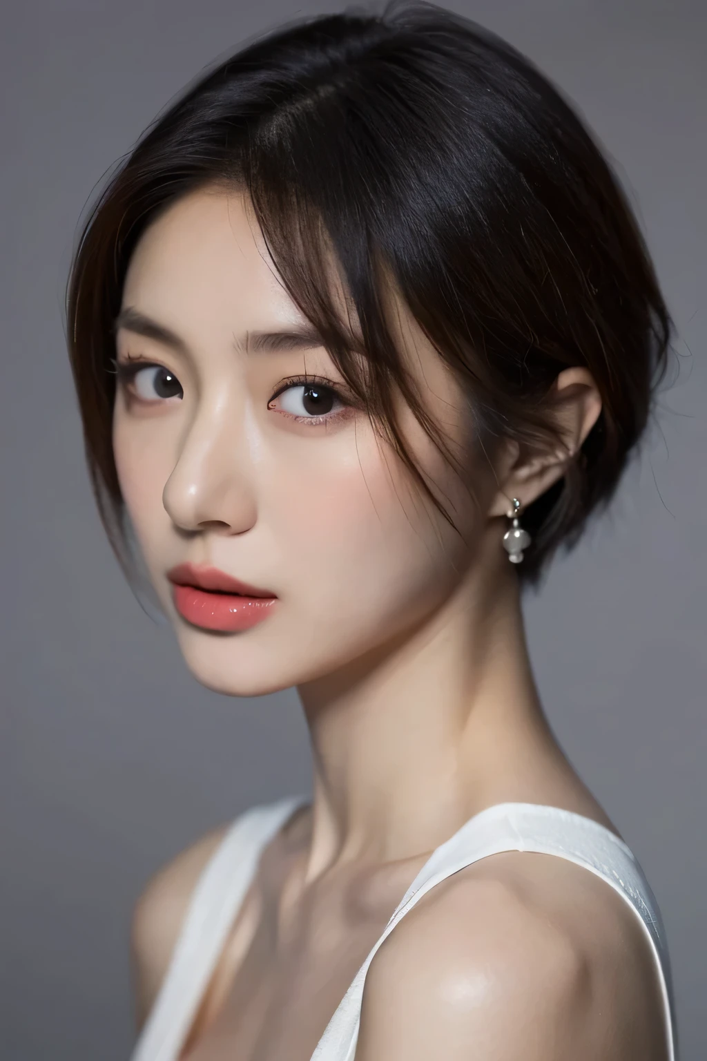 (highest quality,8K,masterpiece),studio photography,gray background,Low - Angle,portrait,high school girl,
Very beautiful beautiful girl,fine skin,realistic skin, lip gloss,rouge,
very short hair,pixie cut,
big earrings,
big breasts,thighs,emphasize cleavage,
