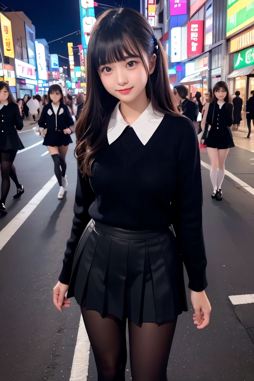 high angle shot、center view、A woman standing on a neon street at midnight、Phenomenally cute 、japanese girl uniform、summer clothes、Microminiskirt、urreal 、loafers、She wears black tights that show a little bit of skin.、black tights、Japanese high school 、Nogizaka Idol、Plump thighs、Full body Esbian