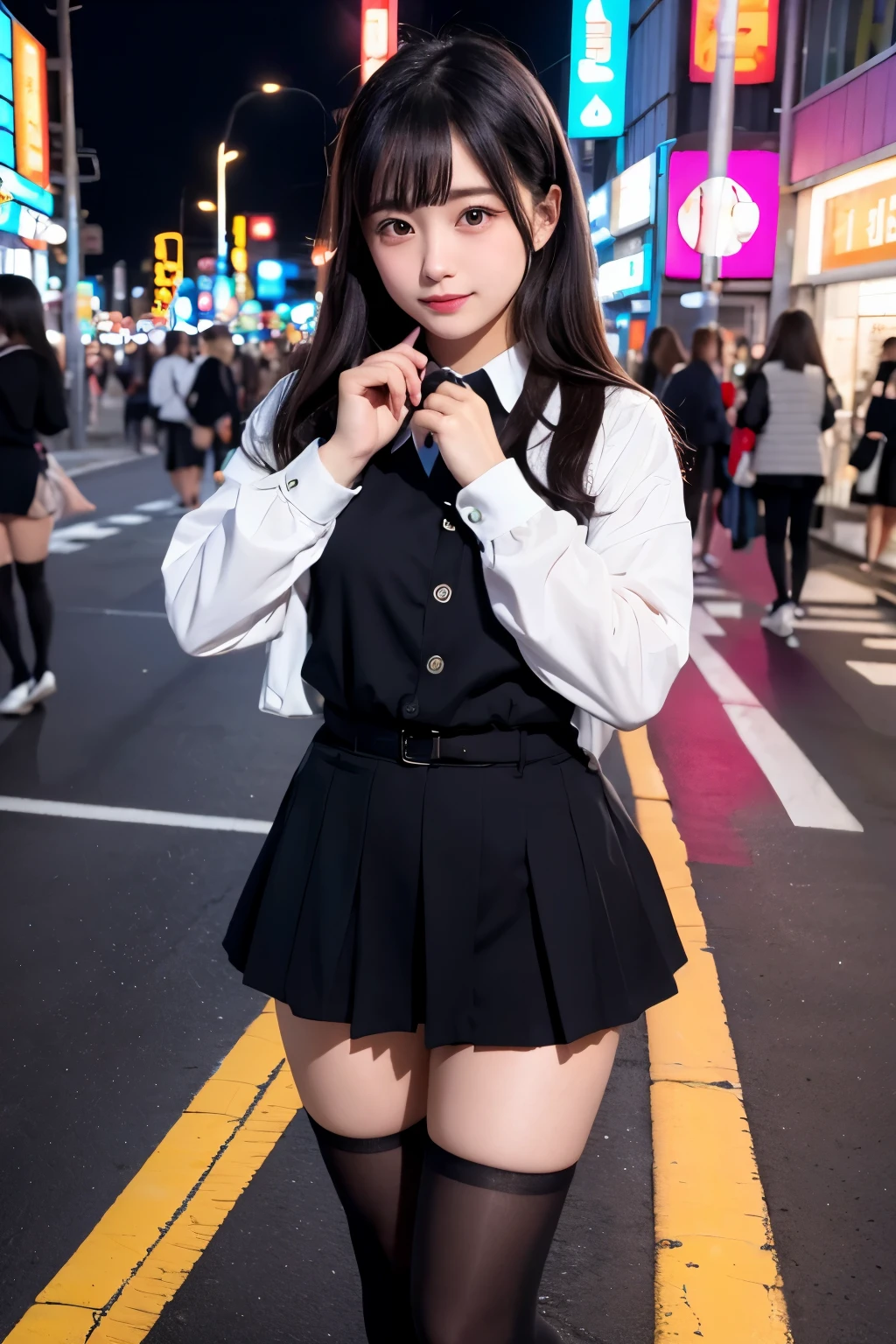 high angle shot、center view、A woman standing on a neon street at midnight、Phenomenally cute 、japanese girl uniform、summer clothes、Microminiskirt、urreal 、loafers、She wears black tights that show a little bit of skin.、black tights、Japanese high school 、Nogizaka Idol、Plump thighs、Full body Esbian