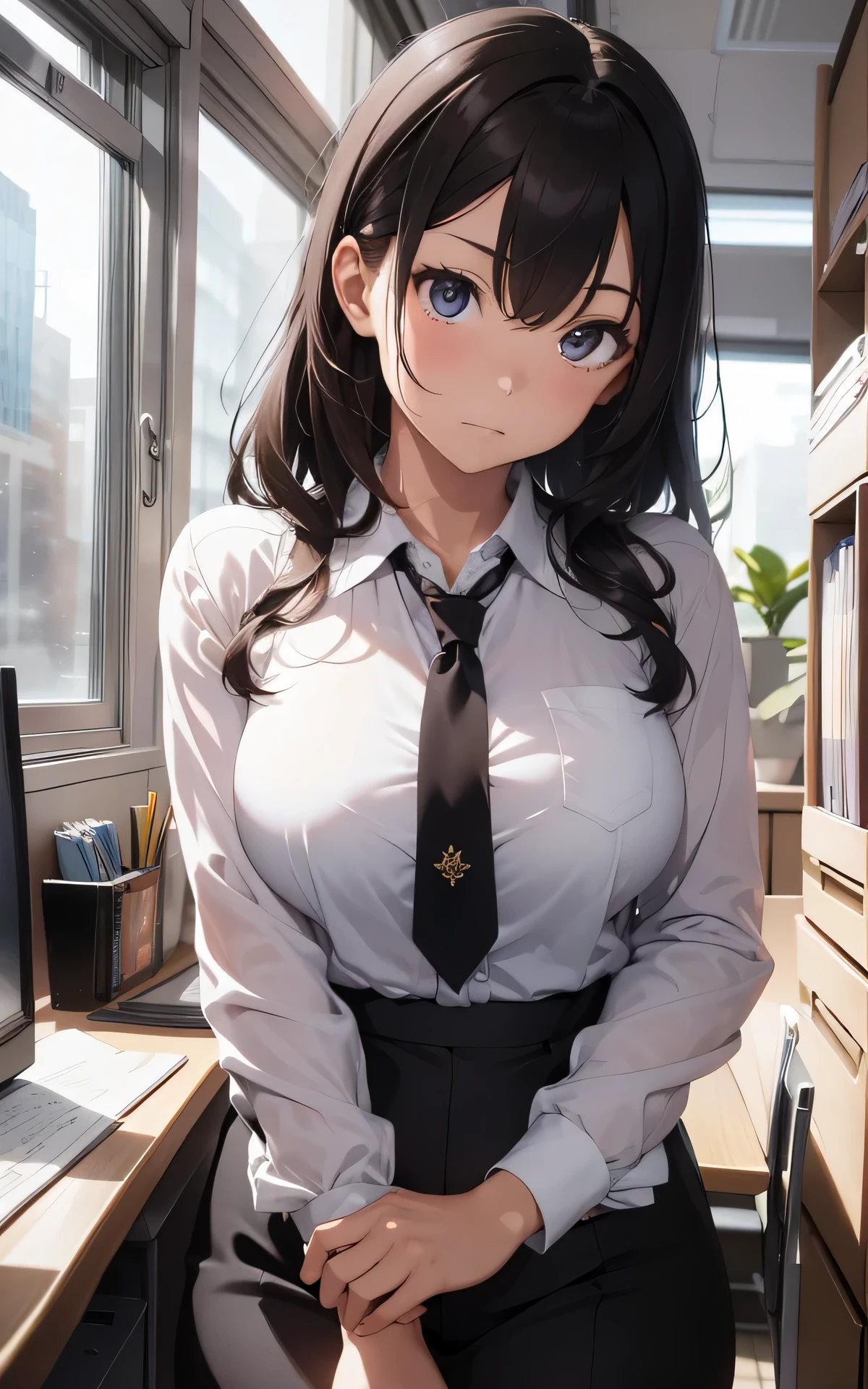 absurderes:2.0、Profile Shot:1.3, (best quality), (intricate detailed), (Hyperrealistic), Front Light、highly detailed, detailed background, illustration, 1girl, perfect hands, detailed fingers, beautiful detailed eyes, perfect eyes, seductive eyes, milf, mature woman, brown eyes, CEO, (office lady suits:1.2 ), pantyhose, a woman in the office room, Irritated, wavy hair