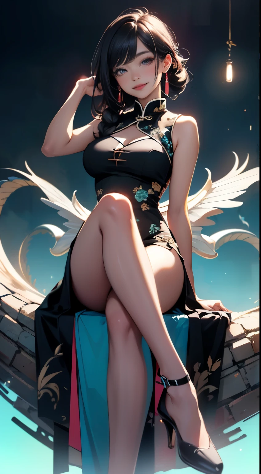 Full digital painting of a pretty chinese girl, realistic eyes with cute smile with tongue out expression, wear open-front fitted transparentcheongsam paired with red high heels, big breast, straight hair with side sweep, eyes facing camera, feminine pose, her eyes facing the camera expressively, sitting on a dragon, hyper realism, realistic, high resolution, visible strokes, abstract colourful background, neon lighting, digital painting