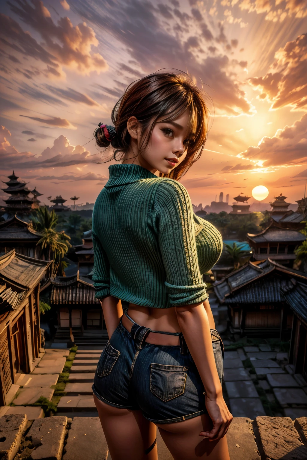 Ancient City at Sunset, young beautiful woman in short pants fashion, full body shot, back view from below, giga_busty