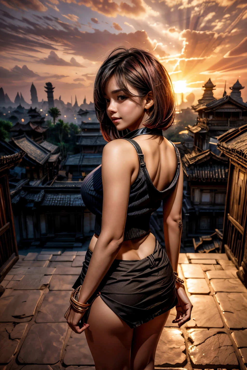 Ancient City at Sunset, young beautiful woman in short skirt fashion, full body shot, back view from below, giga_busty