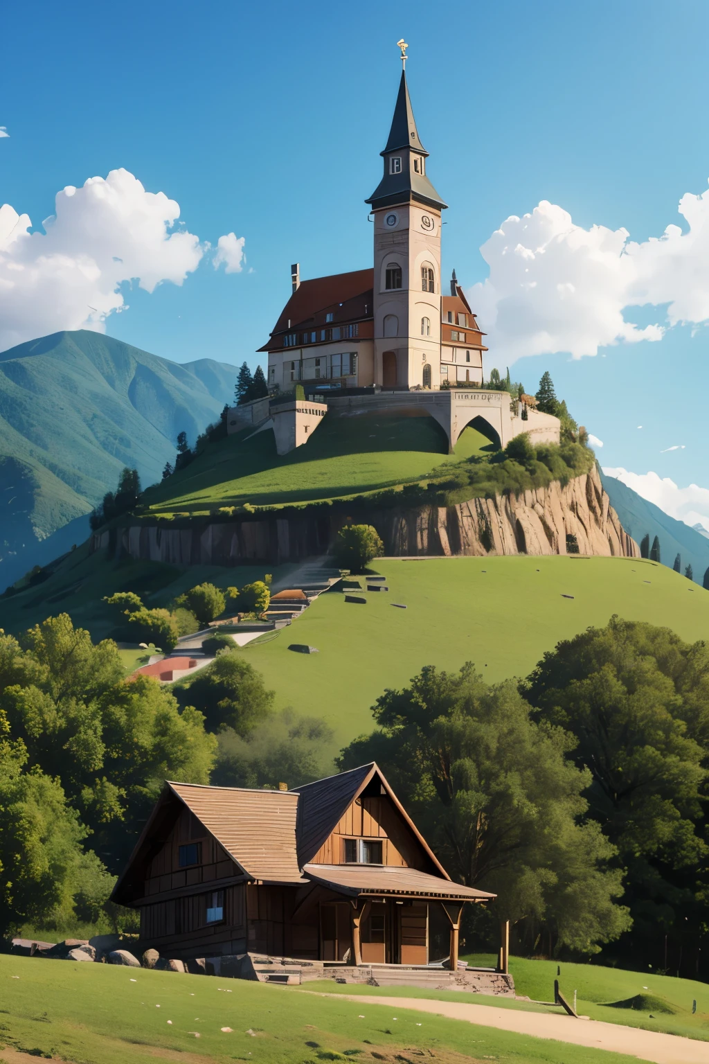 small townhall on a hill
