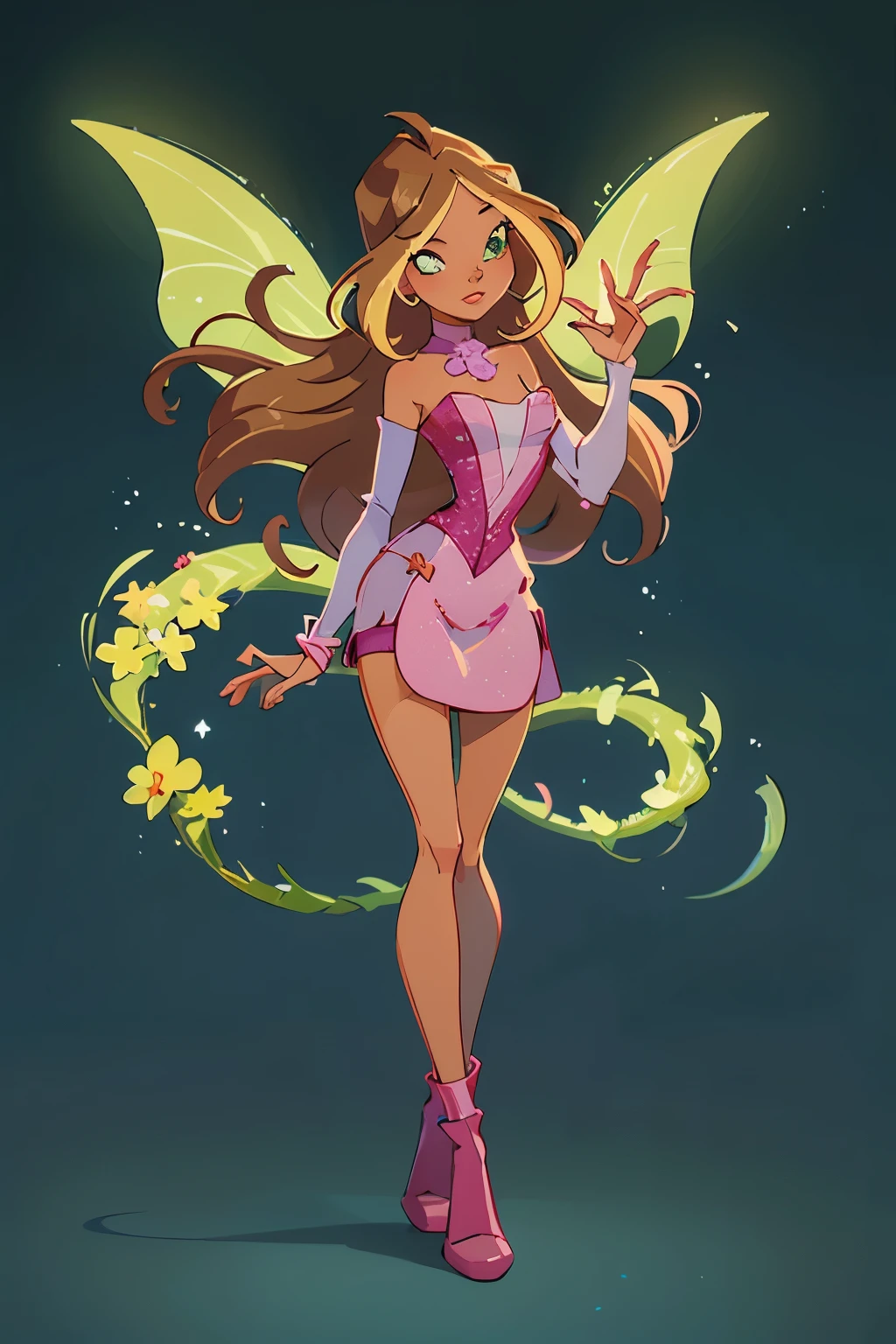 Flora from Winx, good fusion, excellent character design, masterpiece, 4k, perfect anatomy, perfect face, perfect eyes, 1girl, solo, full body, Flora, extremely long hair, green eyes, ethereal, pretty, bioluminescent background, pixel art. Pretty girl with tender eyes and lovely face, sweet