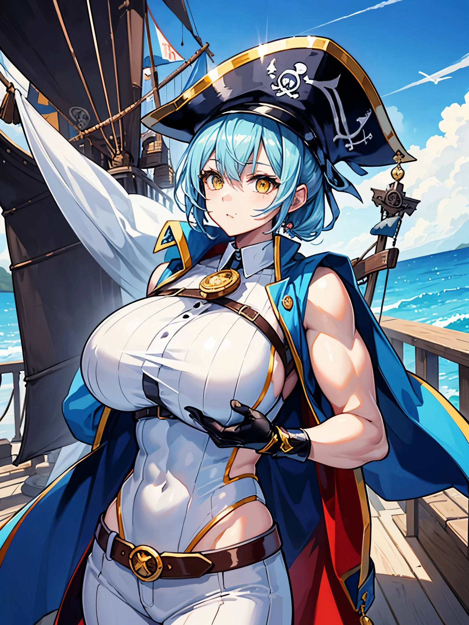 （（（masterpiece、Highest image quality、highest quality、highly detailed unity 8ｋwallpaper）））、（（Illustration of one girl、upper body））、（（（beautiful girl）））、（female pirate）、（Light light blue hair、short ponytail：1.2、yellow eyes）、（（tall））、（（（muscle girl, muscle, bulky figure, massive frame, thick neck, sturdy arms, powerful legs、solid chest）））、（captain&#39;s suit、Pirate hat、Blue coat、pants）、Pirate ship deck、Old sailing ship