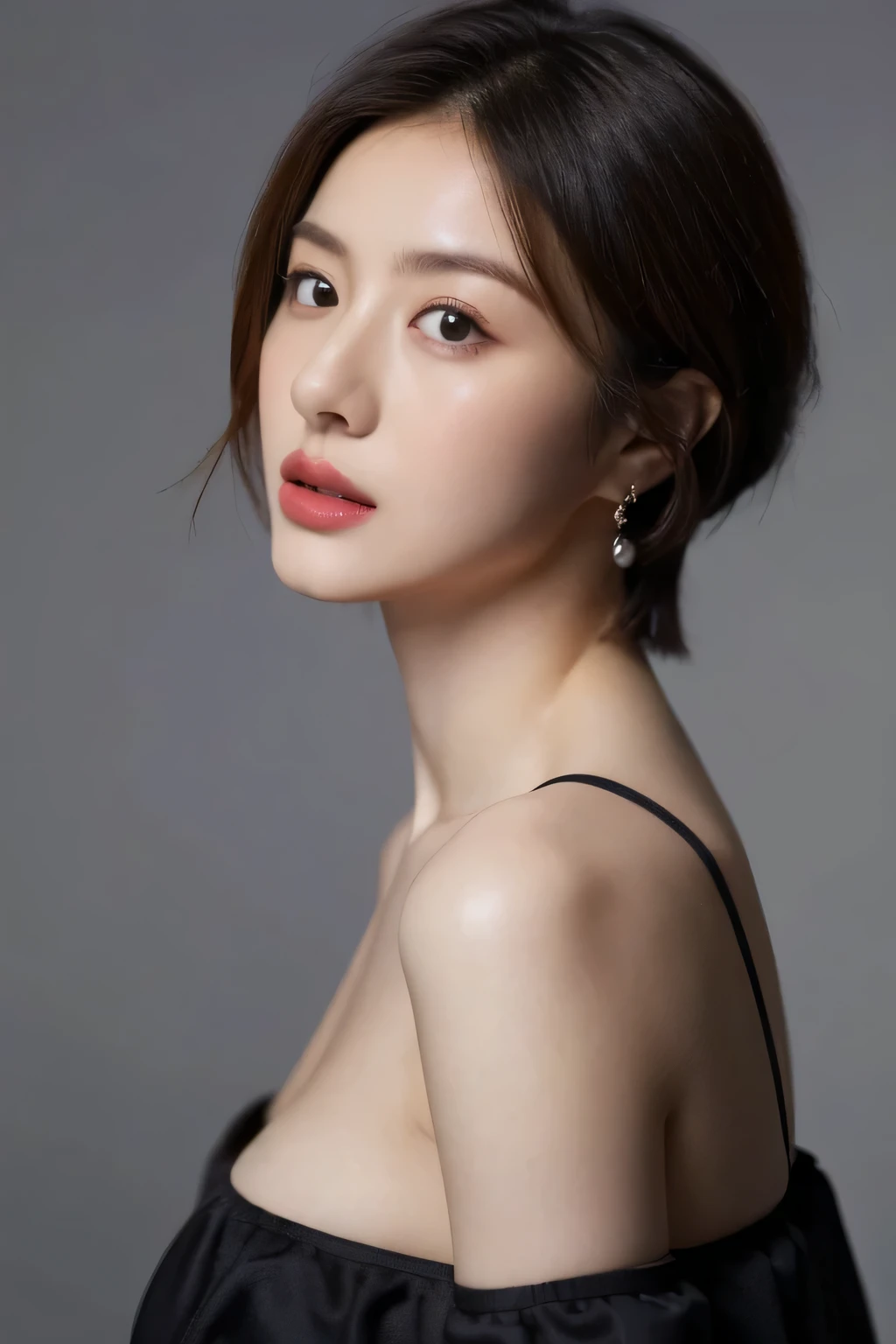 (highest quality,8K,masterpiece),studio photography,gray background,Low - Angle,portrait,high school girl,
Very beautiful beautiful girl,fine skin,realistic skin, lip gloss,rouge,
very short hair,pixie cut,
big earrings,
,thighs,emphasize cleavage,