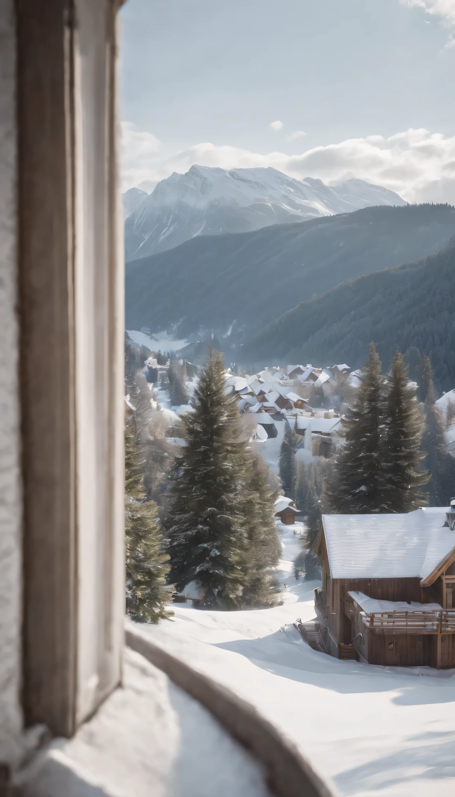 (Highly detailed CG Unity 8K wallpaper、masterpiece、highest quality、Super detailed)、(best lighting、best shadow、very delicate and beautiful)、highest quality、8K、Detailed facial depiction、masterpiece、highest quality、clear image quality、Photo of snowy scenery seen from the window
