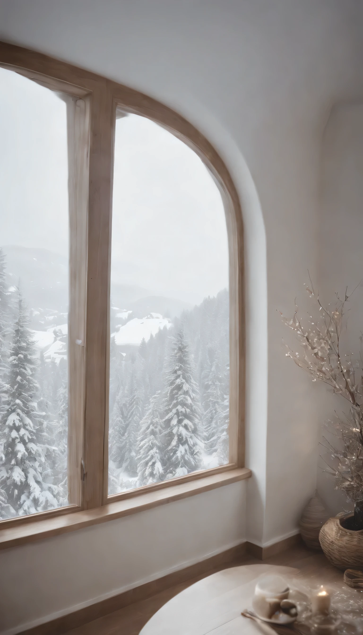 (Highly detailed CG Unity 8K wallpaper、masterpiece、highest quality、Super detailed)、(best lighting、best shadow、very delicate and beautiful)、highest quality、8K、Detailed facial depiction、masterpiece、highest quality、clear image quality、Photo of snowy scenery seen from the window