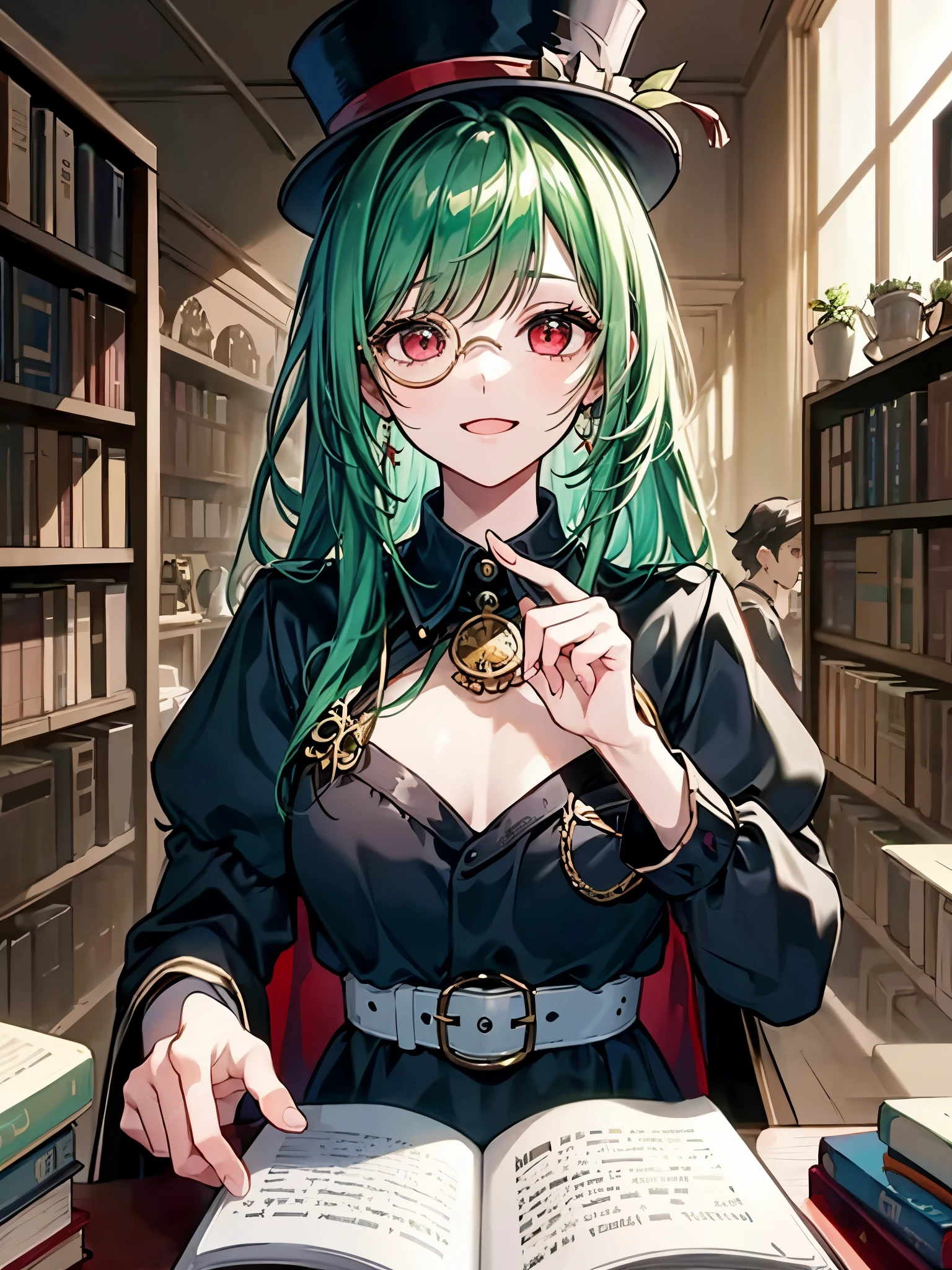 (((masterpiece、Highest image quality、highest quality、highly detailed unity 8kwallpaper)))、((Illustration of one girl、upper body))、(((beautiful girl)))、(librarian)、(Emerald green hair、messy hair、sidelocks:1.2、red eyes、crazy smile)、(((flat chest)))、(((monocle)))、pocket watch、(((Black top hat、Black tuxedo、belt)))、great medieval library、Large amount of books、dimly lit room