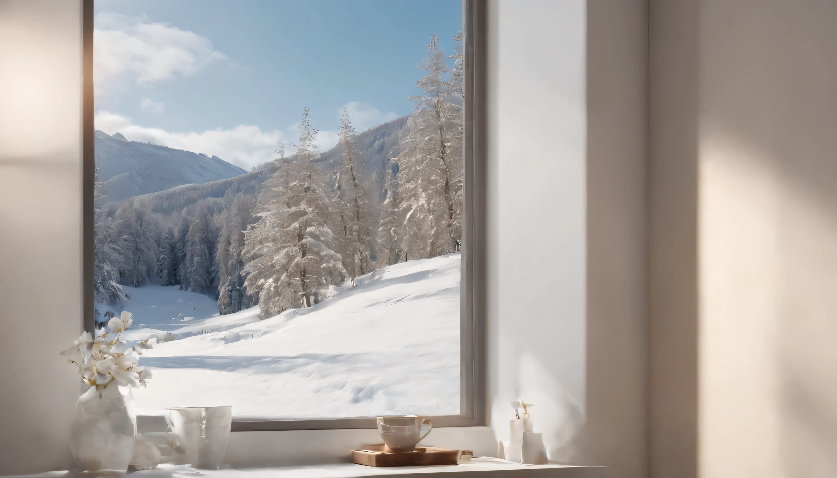 (Highly detailed CG Unity 8K wallpaper、masterpiece、highest quality、Super detailed)、(best lighting、best shadow、very delicate and beautiful)、highest quality、8K、Detailed facial depiction、masterpiece、highest quality、clear image quality、Photo of snowy scenery seen from the window