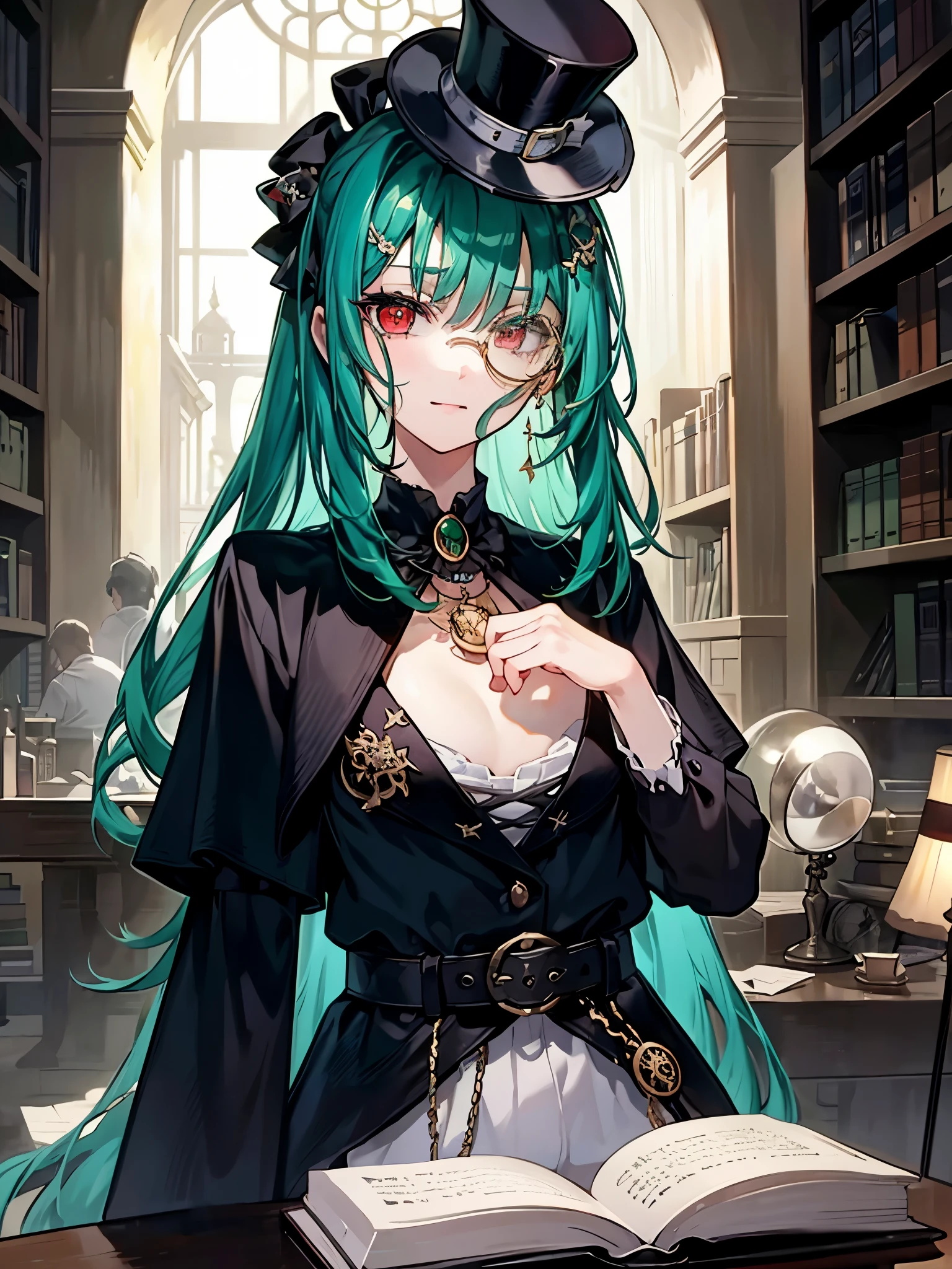 （（（masterpiece、Highest image quality、highest quality、highly detailed unity 8ｋwallpaper）））、（（Illustration of one girl、upper body））、（（（beautiful girl）））、（librarian）、（Emerald green hair、messy hair、sidelocks：1.2、red eyes、crazy smile）、（（（flat chest）））、（（（monocle）））、pocket watch、（（（Black top hat、Black tuxedo、belt）））、great medieval library、Large amount of books、dimly lit room