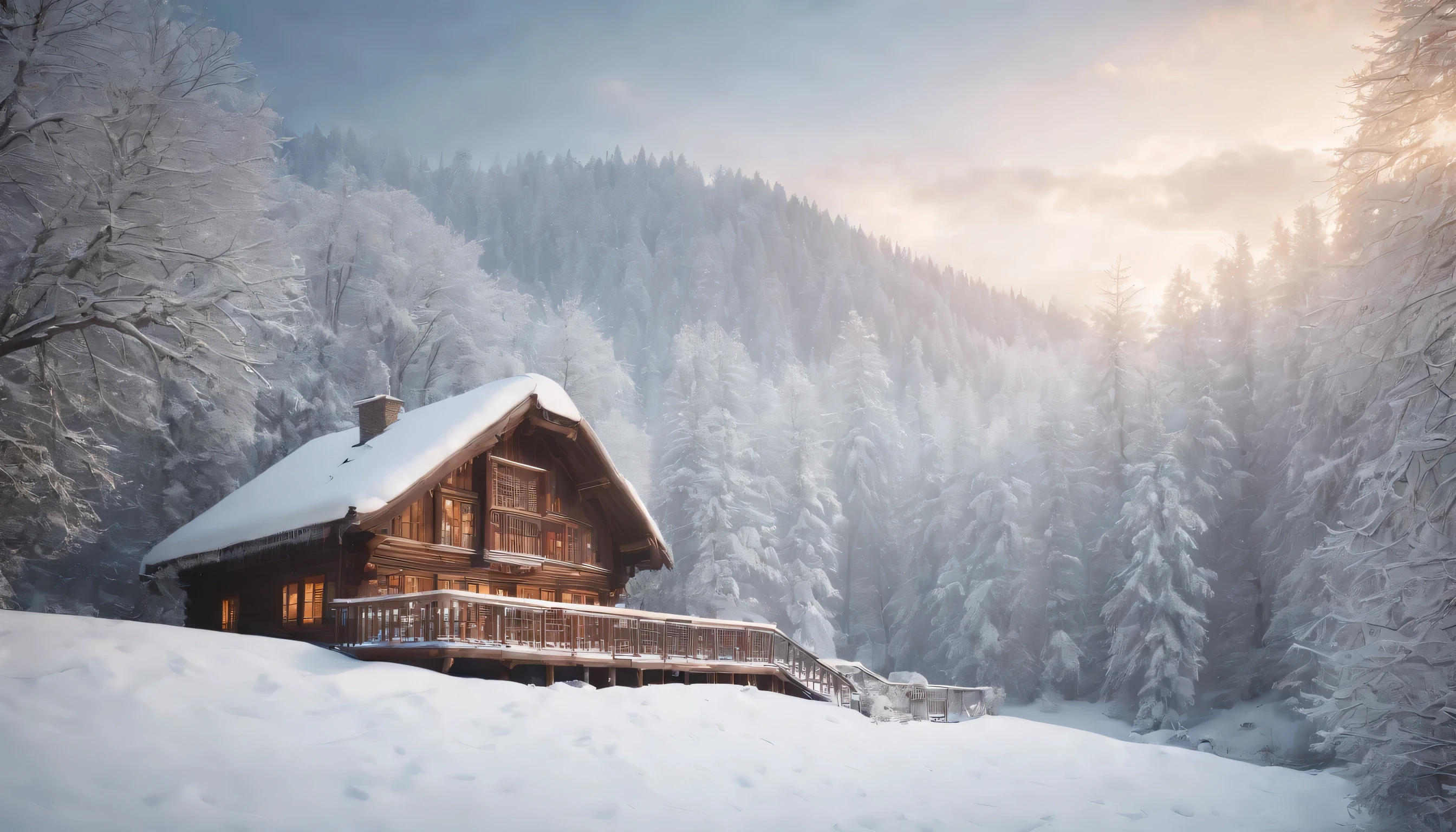 (Highly detailed CG Unity 8K wallpaper、masterpiece、highest quality、Super detailed)、(best lighting、best shadow、very delicate and beautiful)、highest quality、8K、Detailed facial depiction、masterpiece、highest quality、clear image quality、Photo of snowy scenery seen from the window