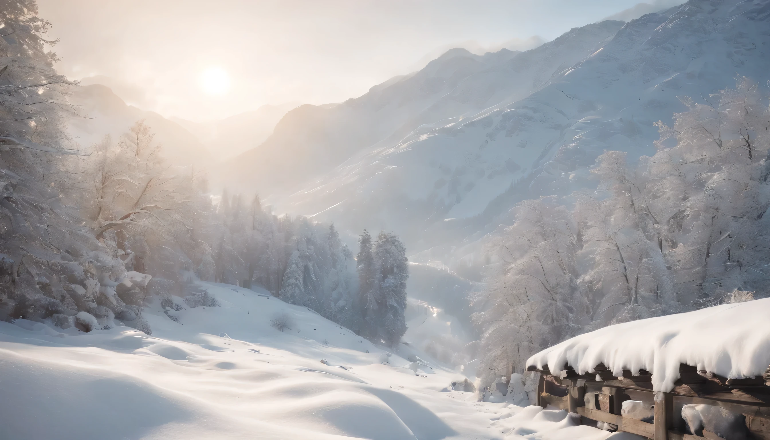 (Highly detailed CG Unity 8K wallpaper、masterpiece、highest quality、Super detailed)、(best lighting、best shadow、very delicate and beautiful)、highest quality、8K、Detailed facial depiction、masterpiece、highest quality、clear image quality、Photo of snowy scenery seen from the window